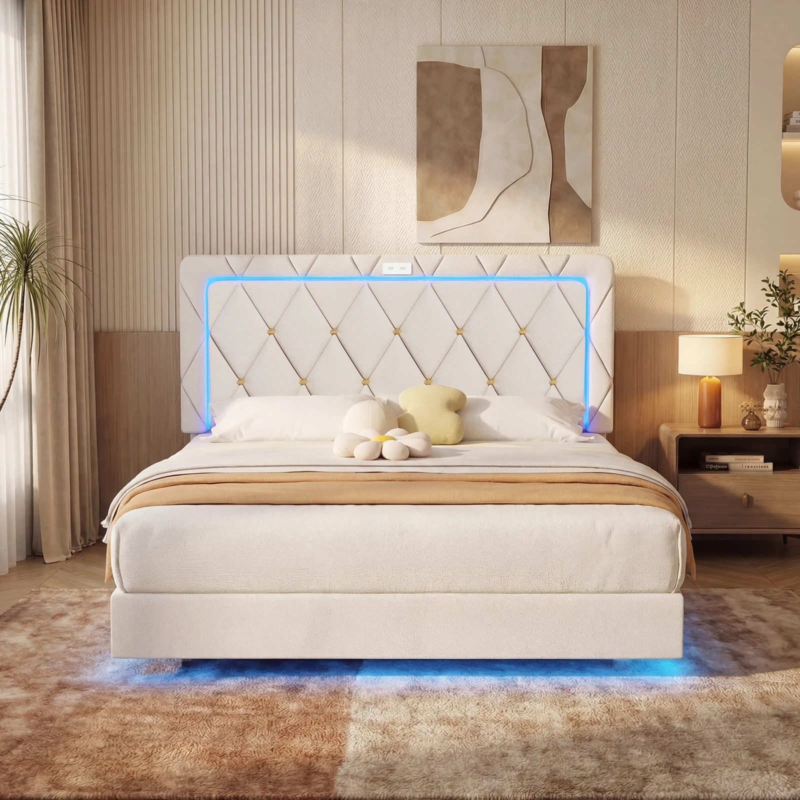 9 Advwin Double Velvet Button-Tufted Floating Bed Frame with LED and USB - Beige, 9 of 9