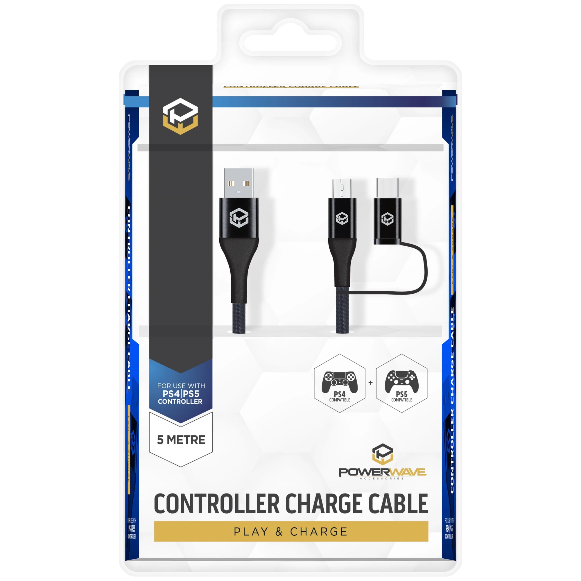 1 Powerwave PS4 & PS5 5m Controller Charge Cable - Black, 1 of 2