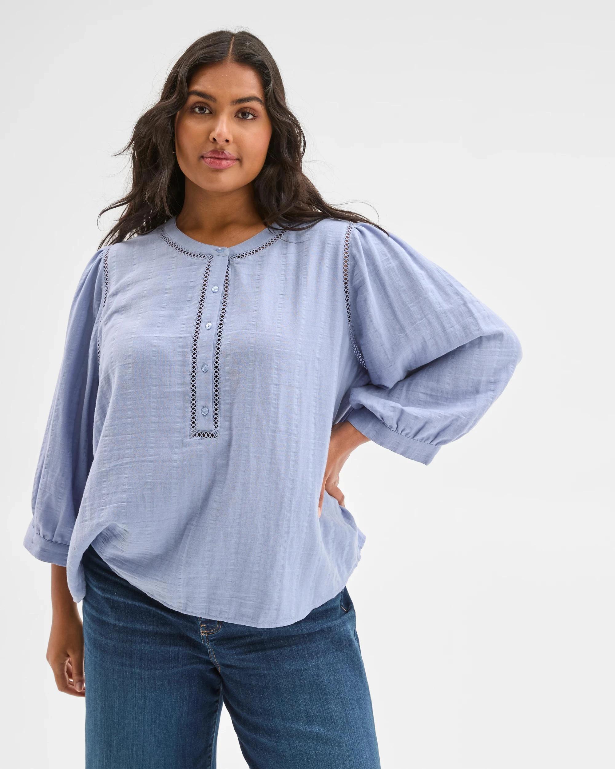 1 Target Curve Plus Size 3/4 Sleeve Double Cloth Woven Top DUSTY BLUE, 1 of 6