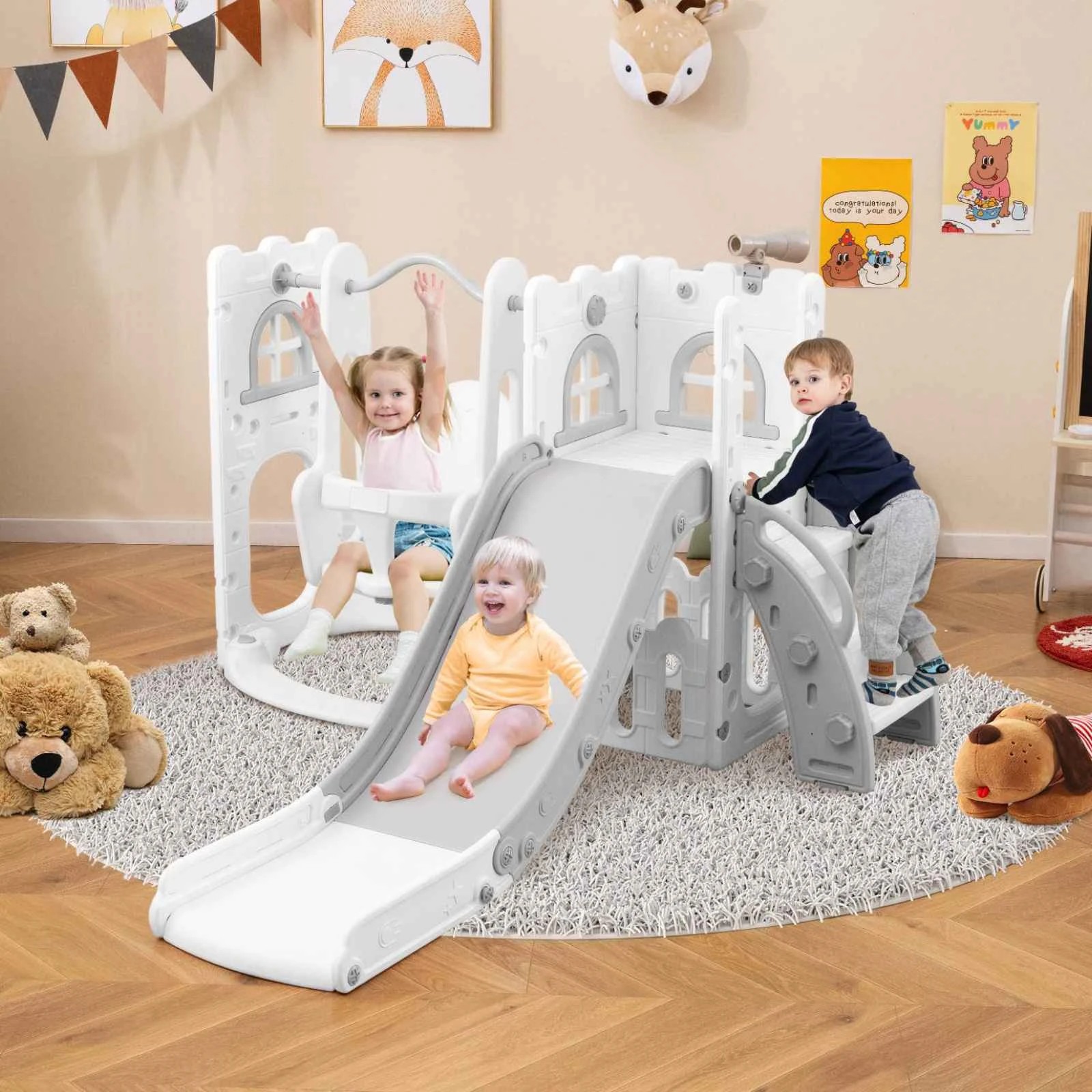 1 Costway 7-in-1 Kids Swing & Slide Set w/Water Sand Filled Base - Grey, 1 of 2