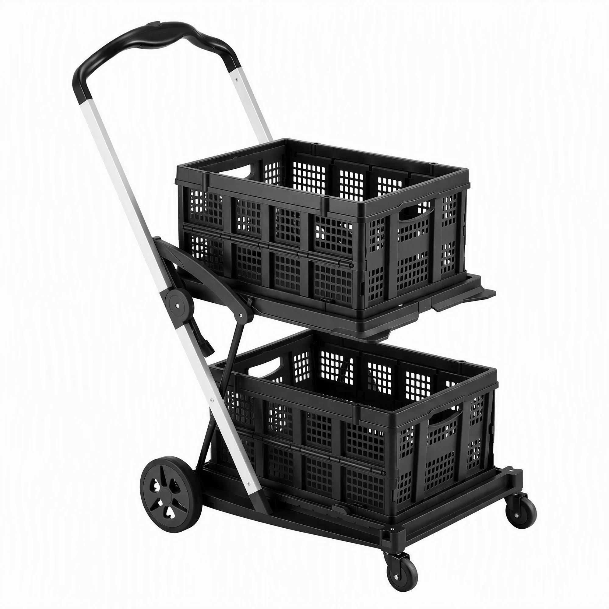 3 Artiss Shopping Trolley with Wheel 2 Layer w/2 Crates Foldable Trolley Cart for Grocery 90kg Weight Capacity - Multi, 3 of 10