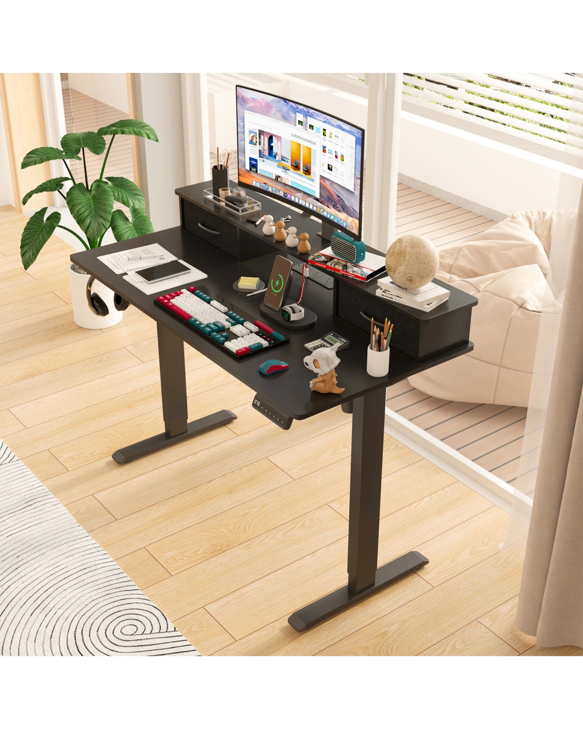 2 Advwin Electric Standing Desk with Monitor Stand 2 Drawers - Black, 2 of 6