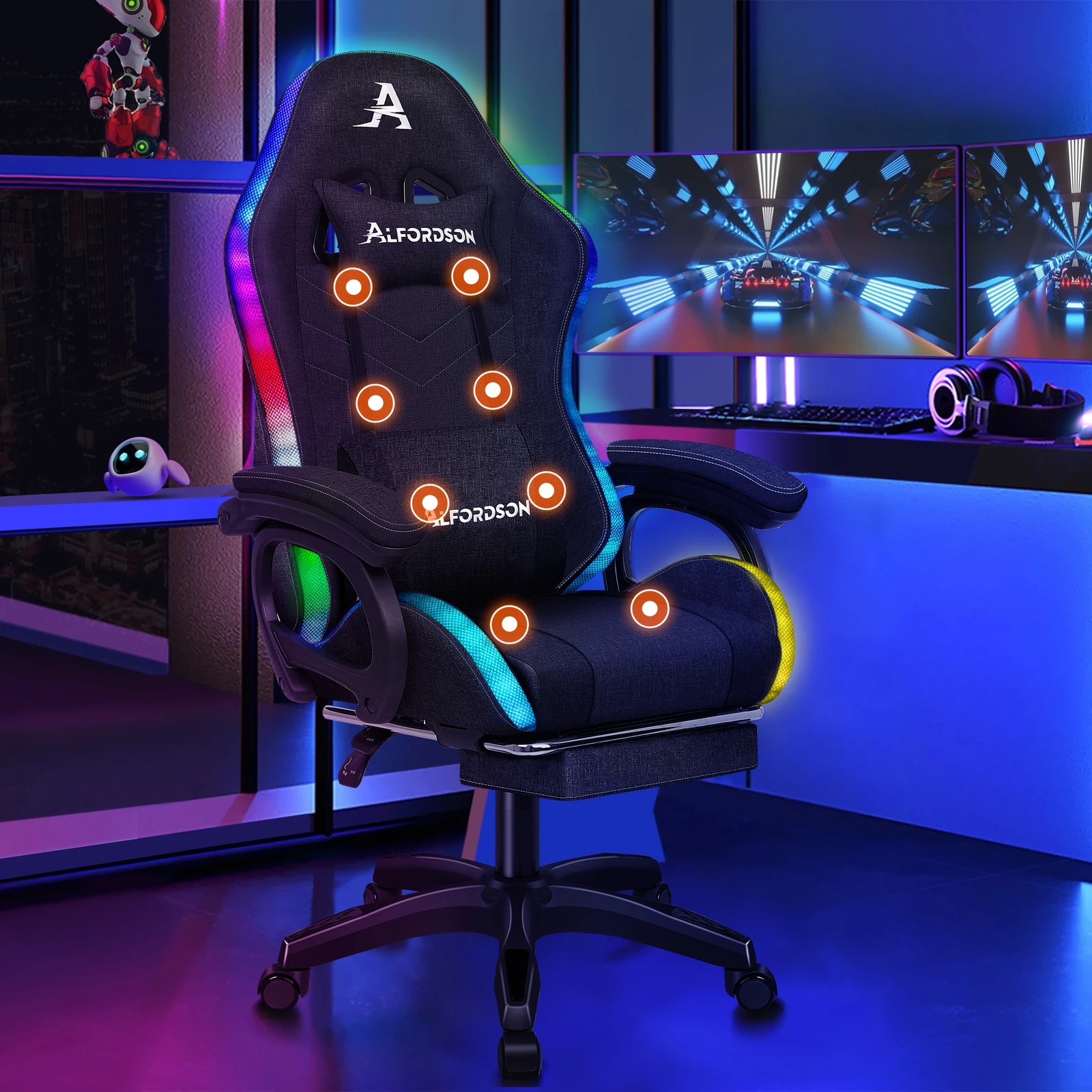 2 Alfordson Gaming Chair Office 12 RGB LED Massage Computer Seat Fabric - Black, 2 of 10