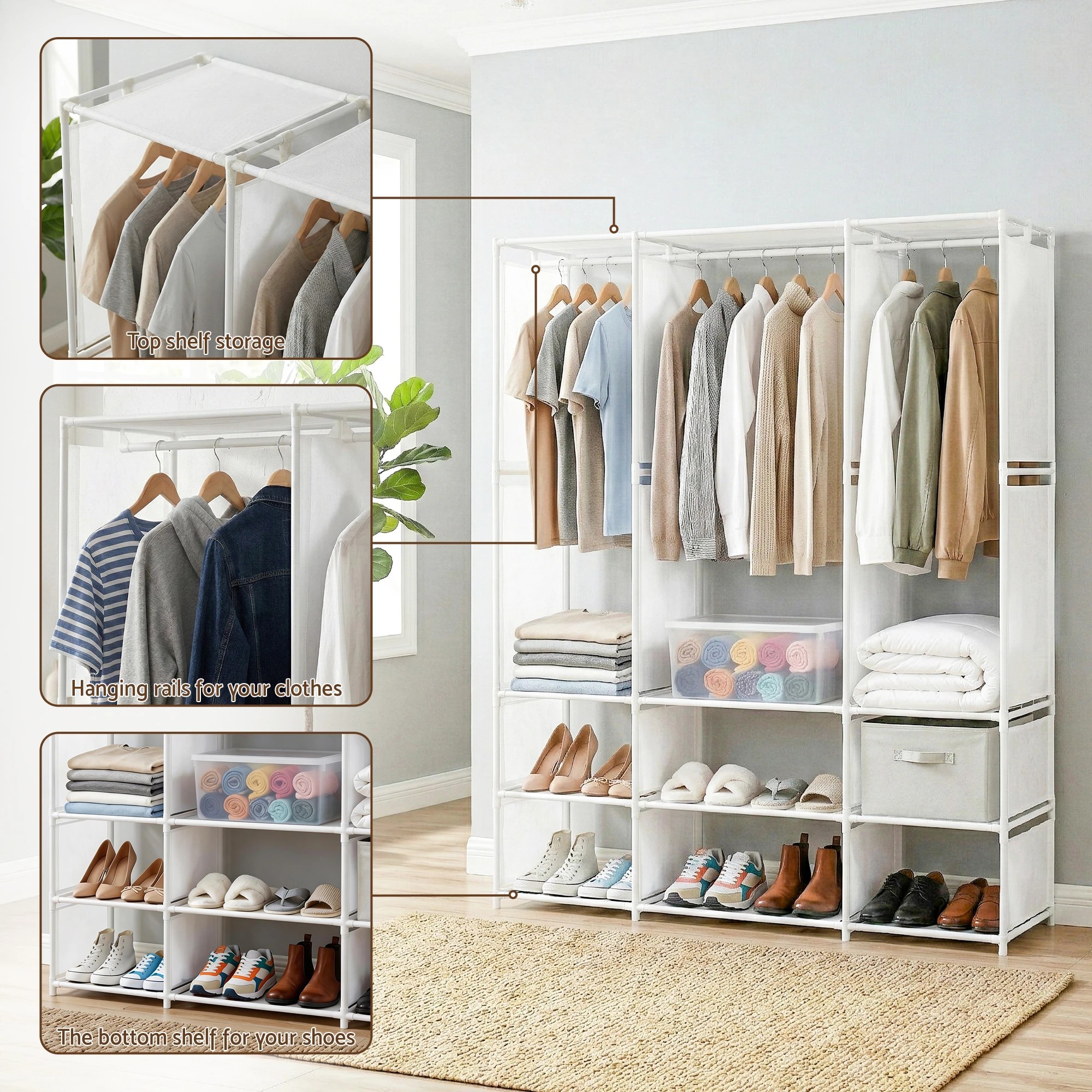 4 Artiss Large Portable Clothes Closet Wardrobe with Open Shelf - White, 4 of 4