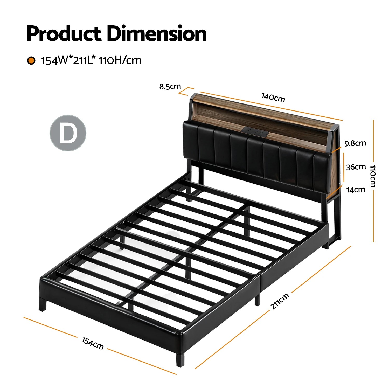 2 Artiss Double Bed Frame LED Storage Headboard with Charging Station - Black, 2 of 6
