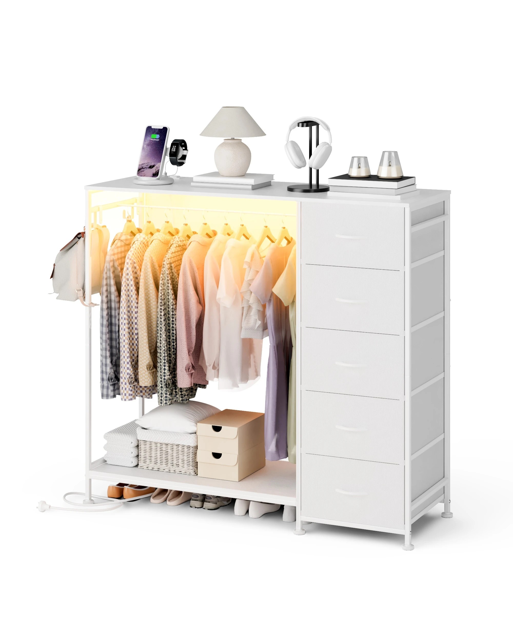 6 Advwin Fabric Chest of Drawers Clothes Rack Dresser with Hanging Rack - White, 6 of 7
