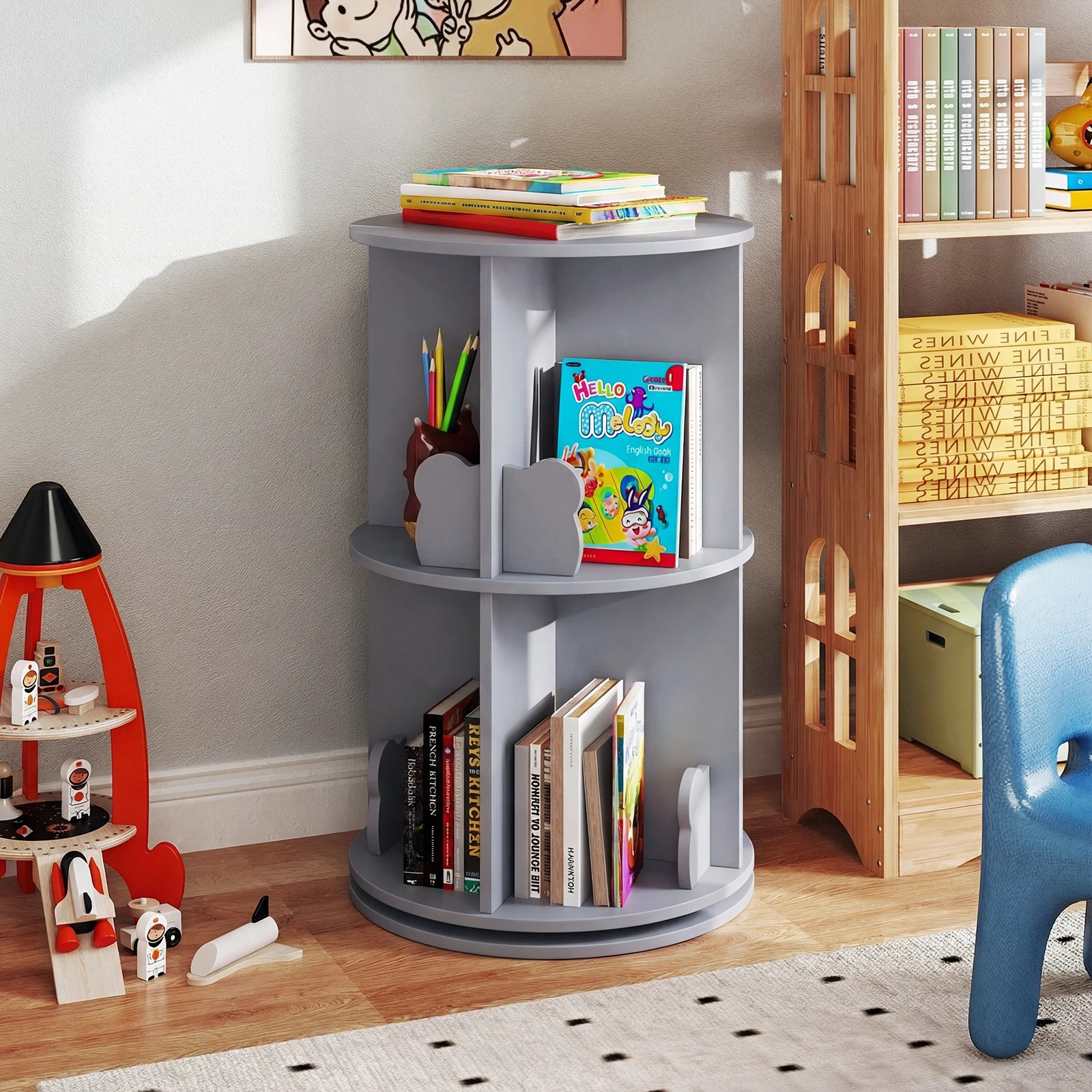 2 Costway 2-Tier Rotating Bookshelf 360° Spinning Bookcase w/Bear Bookends - Grey, 2 of 3