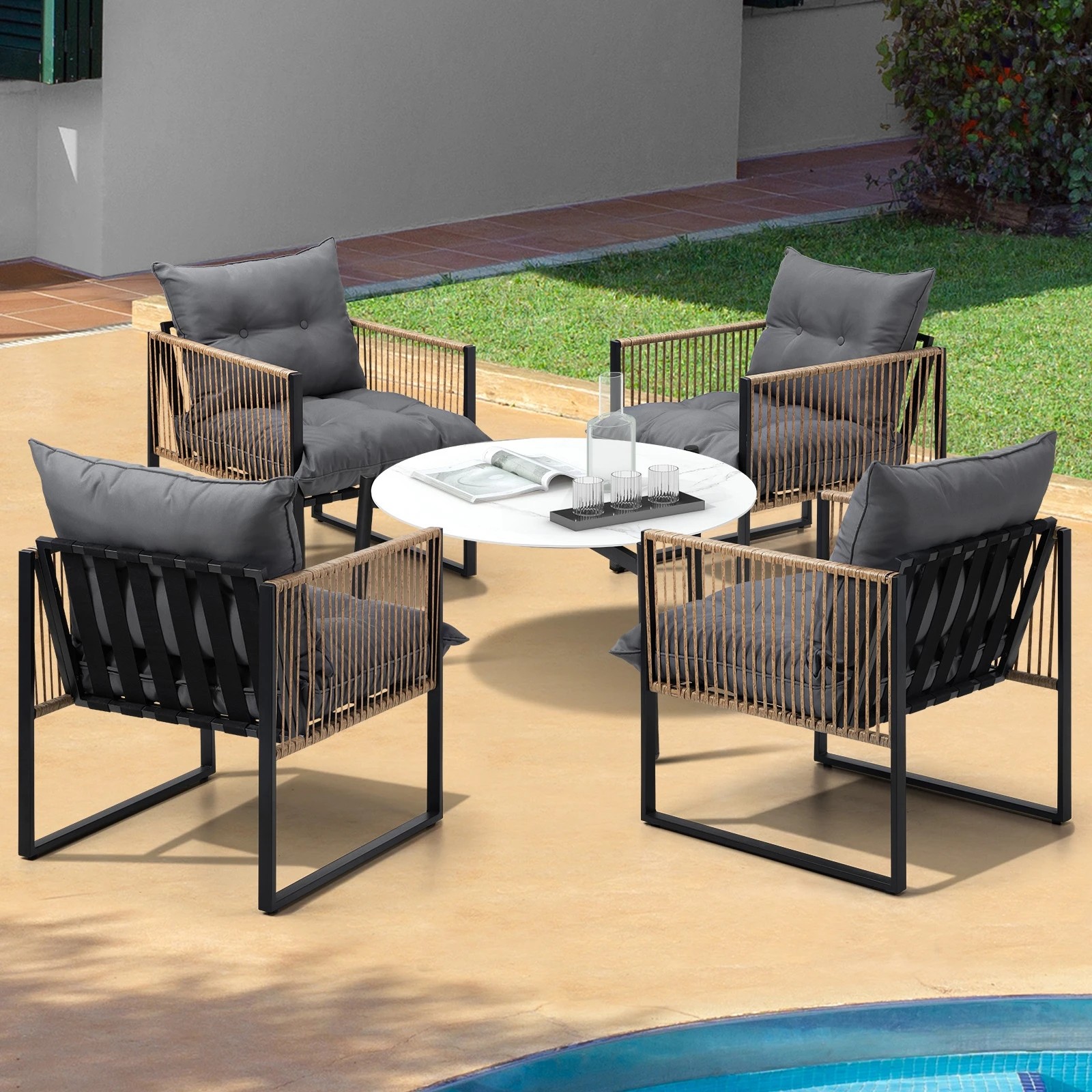 3 Livsip Outdoor Patio Set Furniture White 70cm Coffee Table Rattan Chairs 5PCS - Multi, 3 of 9