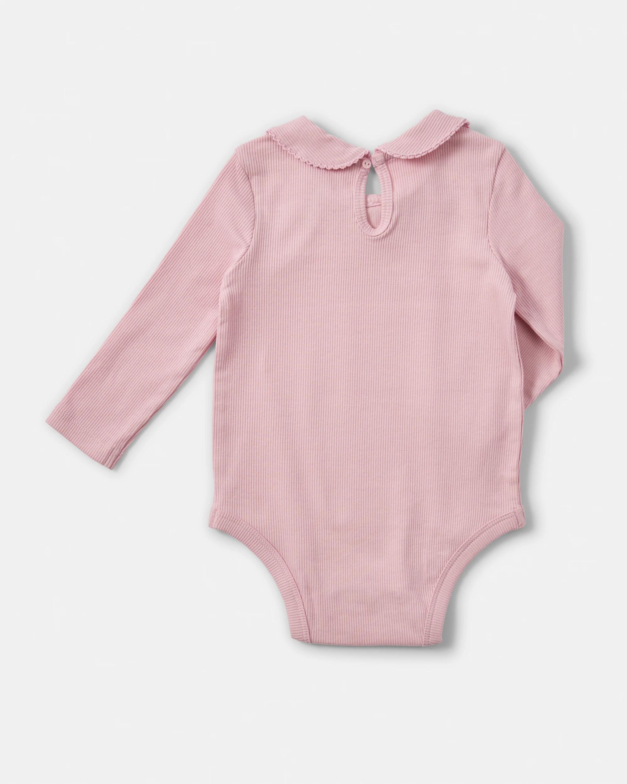 2 Cotton Long Sleeve Rib Collar Bodysuit Almd Pnk, 2 of 3
