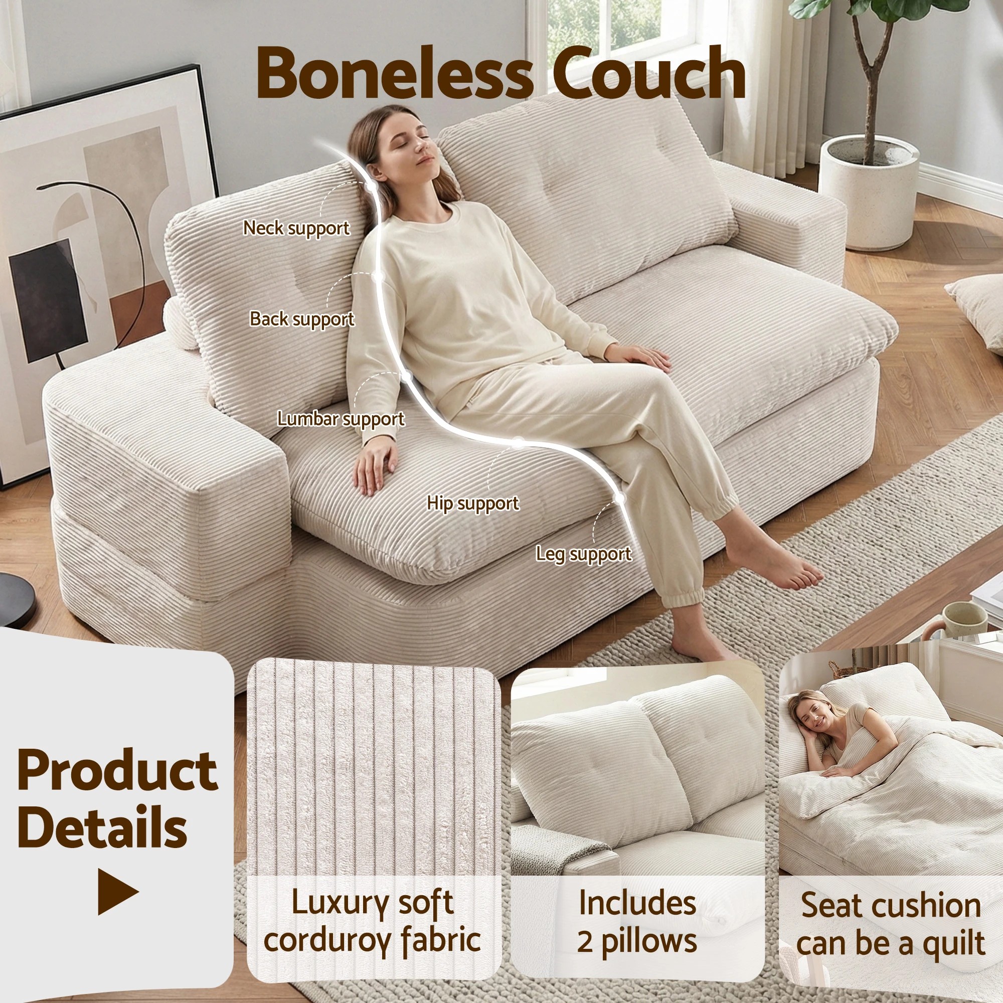 7 Artiss Convertible Folding Sofa Bed Boneless Couch Corduroy Sleeper Lounger for Living Room - Beige, 7 of 10