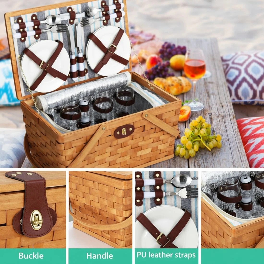 3 Alfresco 4 Person Picnic Basket Set Wooden Blanket Cooler Bag Outdoor - Multi, 3 of 5