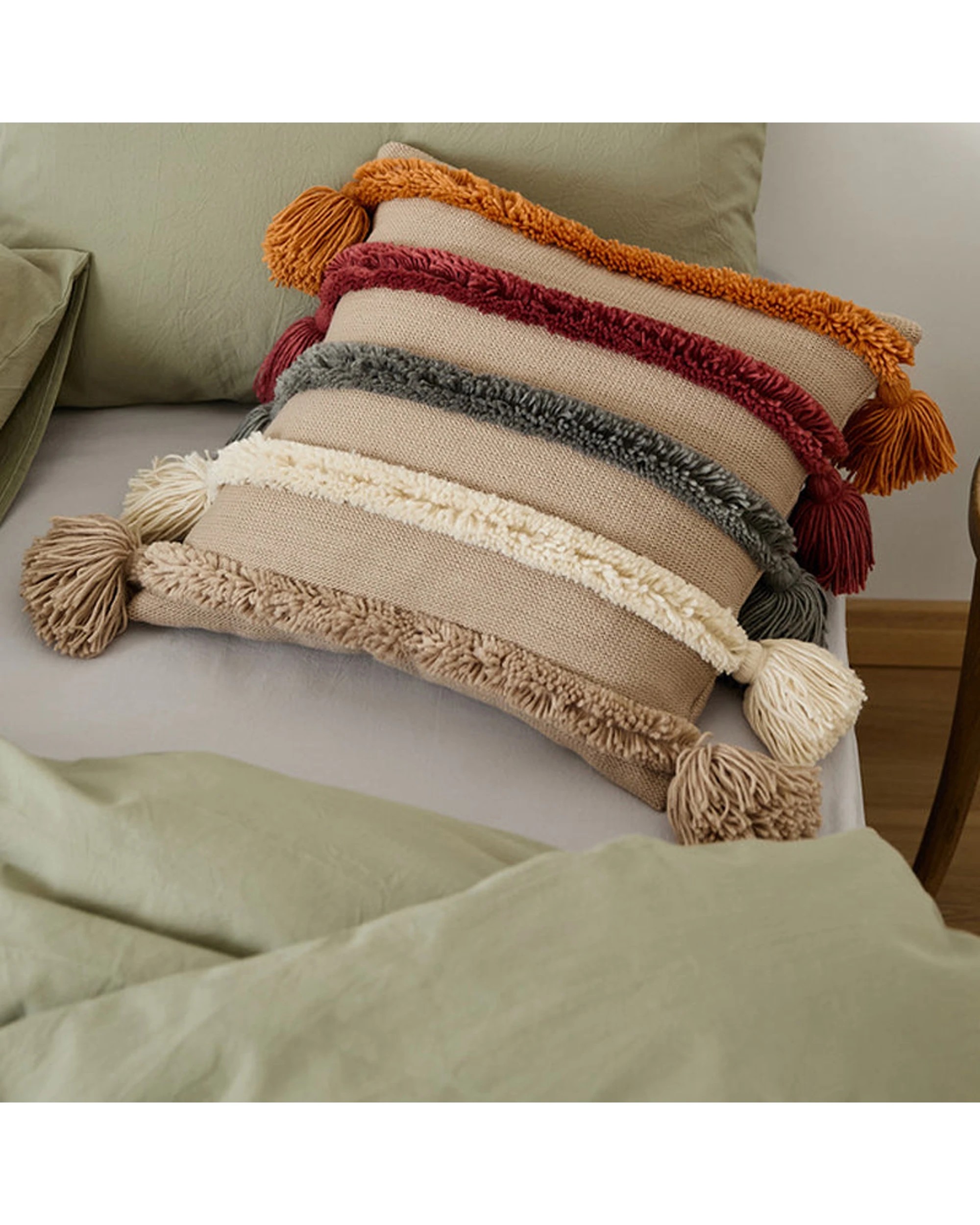 2 Cotton More Acrylic Knitted Tufted Tassel Style Cushion Pillow Cover 45x45cm - Beige, 2 of 4