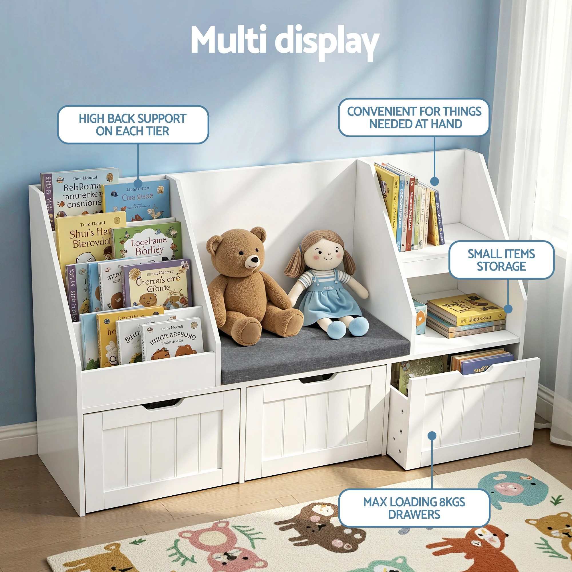 6 Keezi Kids Bookshelf Storage Organiser Toy Box Drawer Bench Seat Cabinet - White, 6 of 8