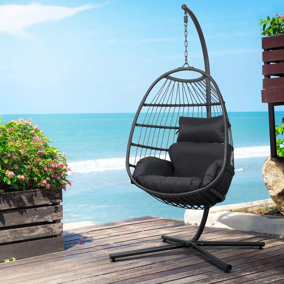 3 Gardeon Outdoor Egg Swing Chair Wicker Rope Furniture Pod Stand Foldable - Grey, 3 of 4