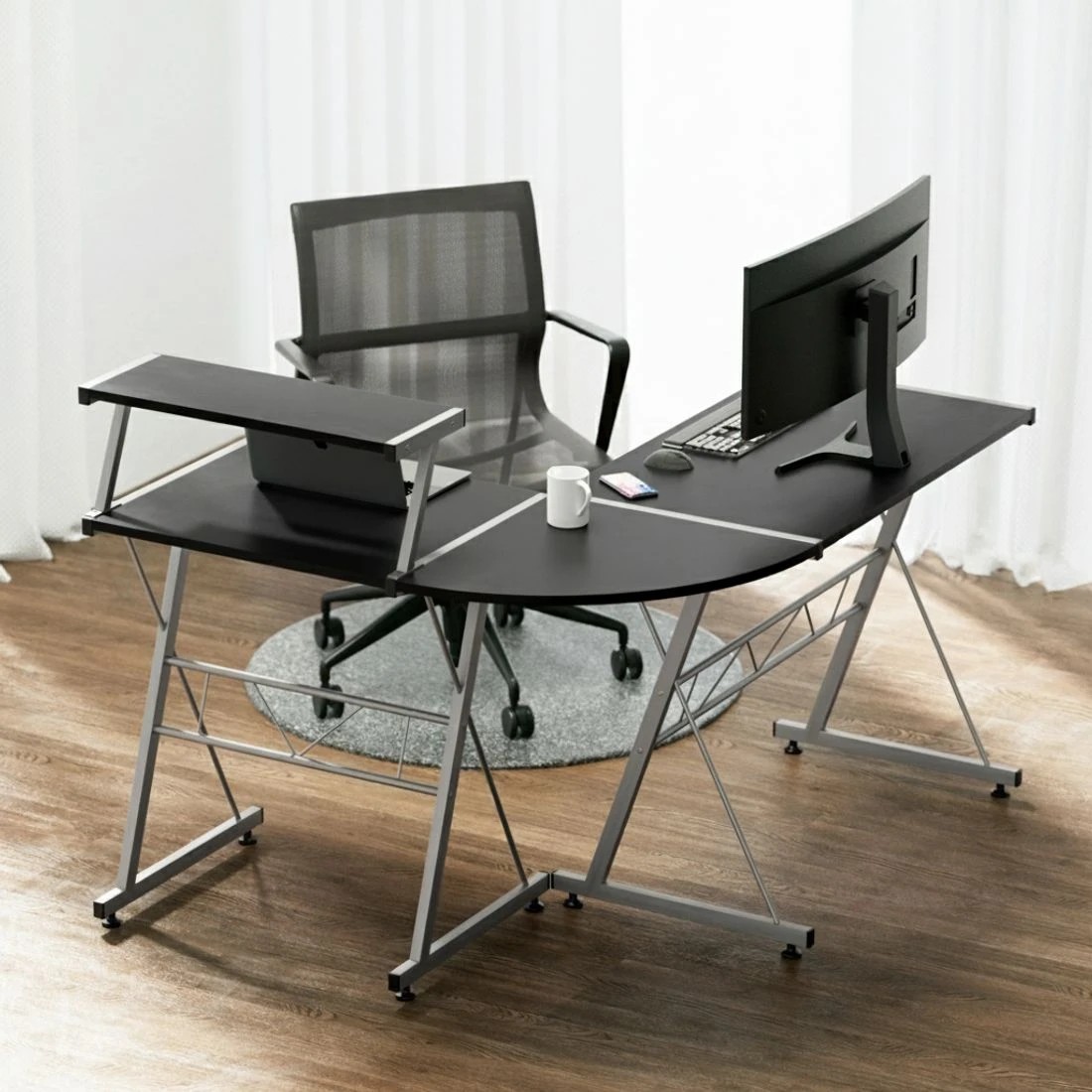 4 Artiss Computer Desk L-Shape Keyboard Tray Shelf - Black, 4 of 7