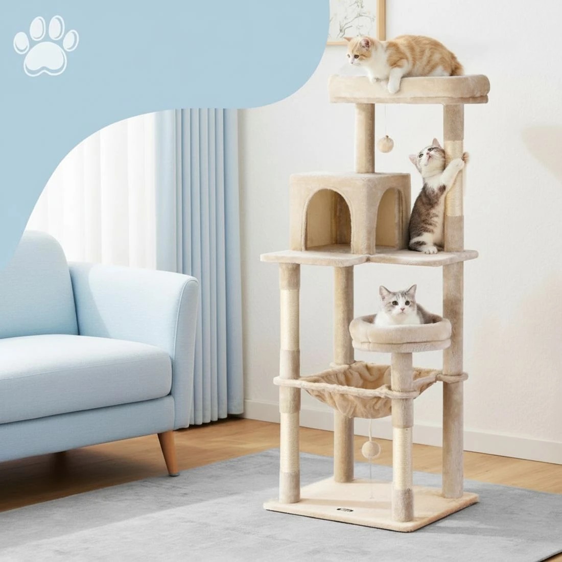 5 i.Pet Cat Tree 143cm Tower Scratching Post Trees Scratcher Condo House - Beige, 5 of 6