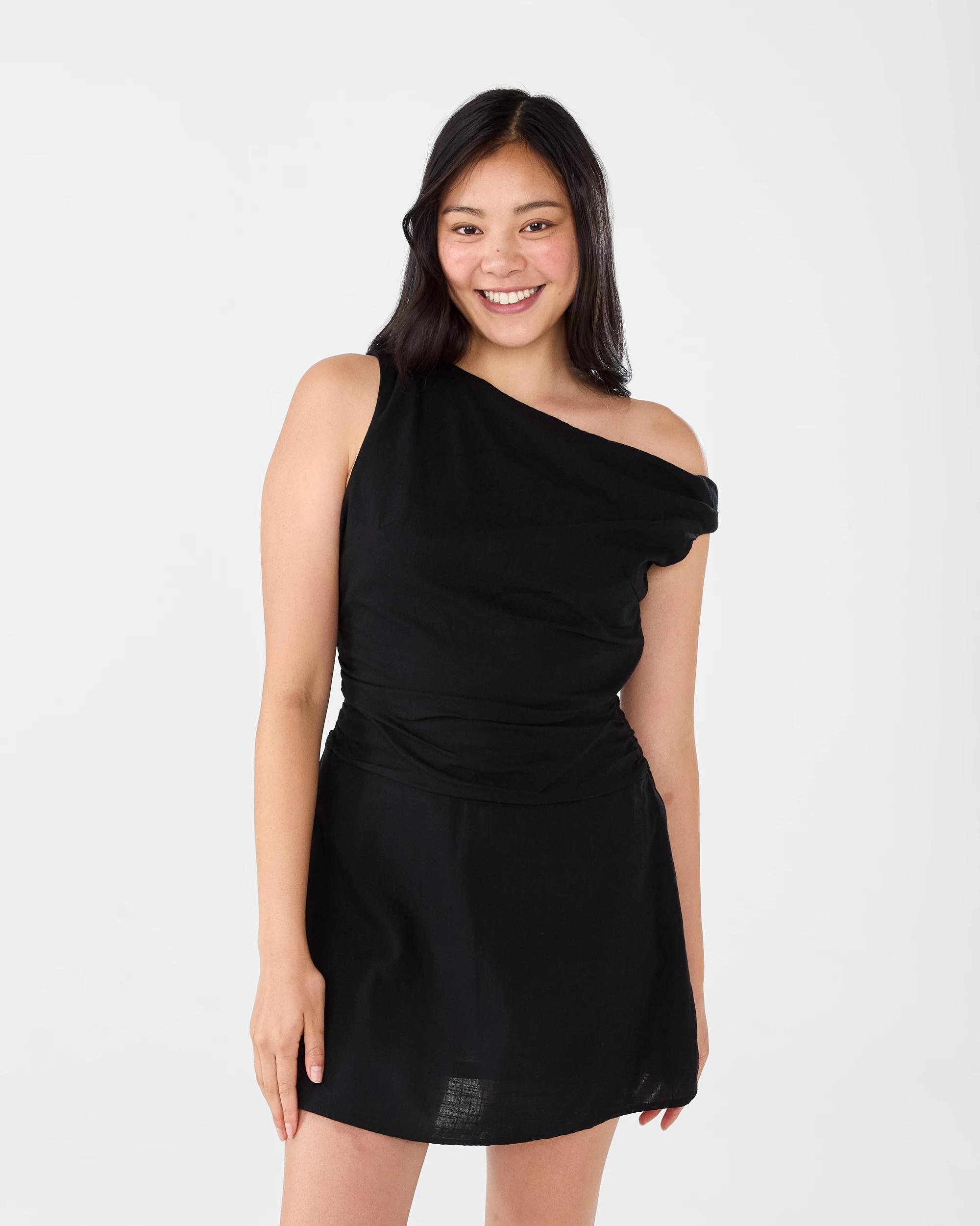 1 Sleeveless Asymmetrical Off Shoulder Mini Dress Black, 1 of 8