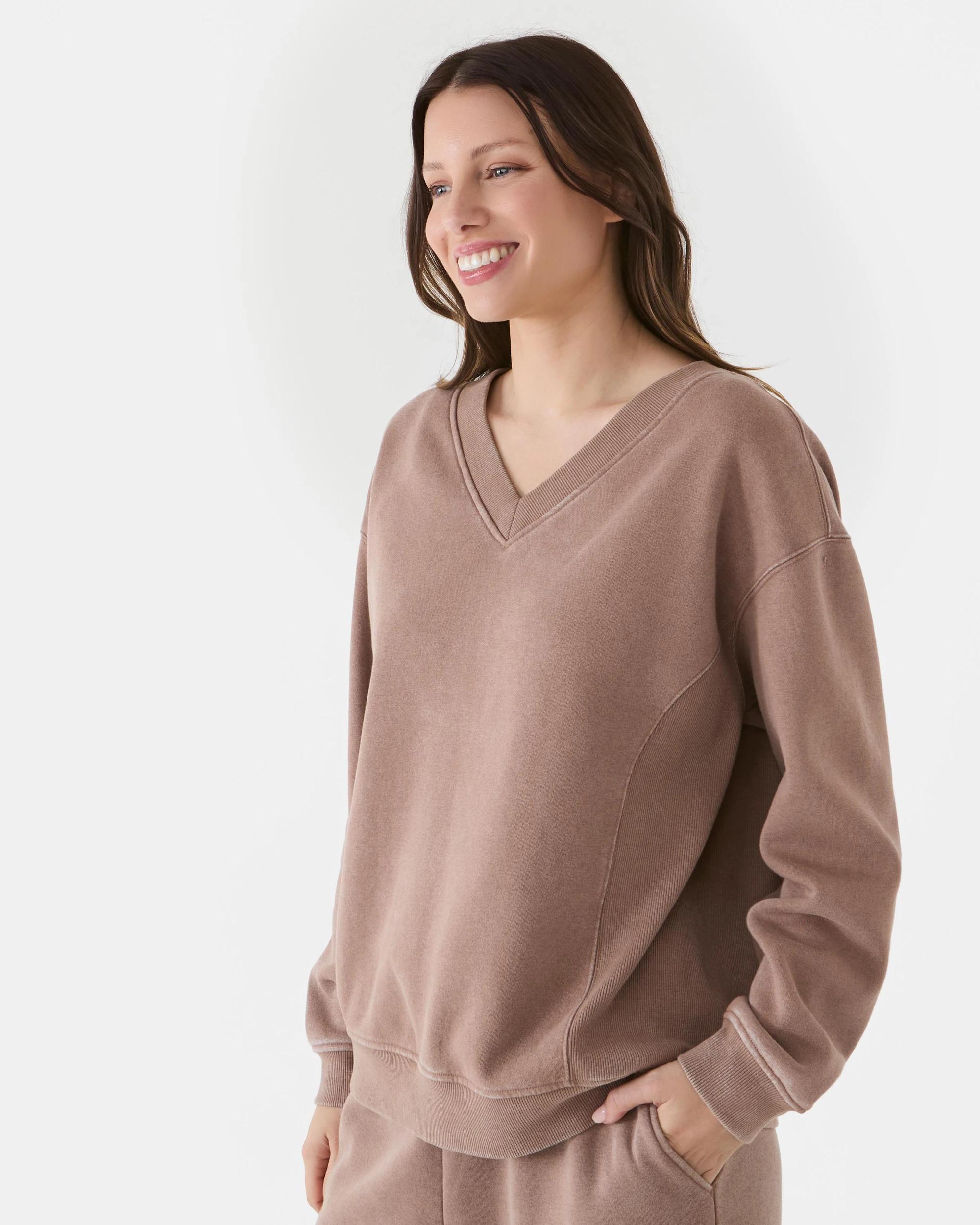2 Washed V-Neck Ribbed Sweatshirt Snp Brn, 2 of 7