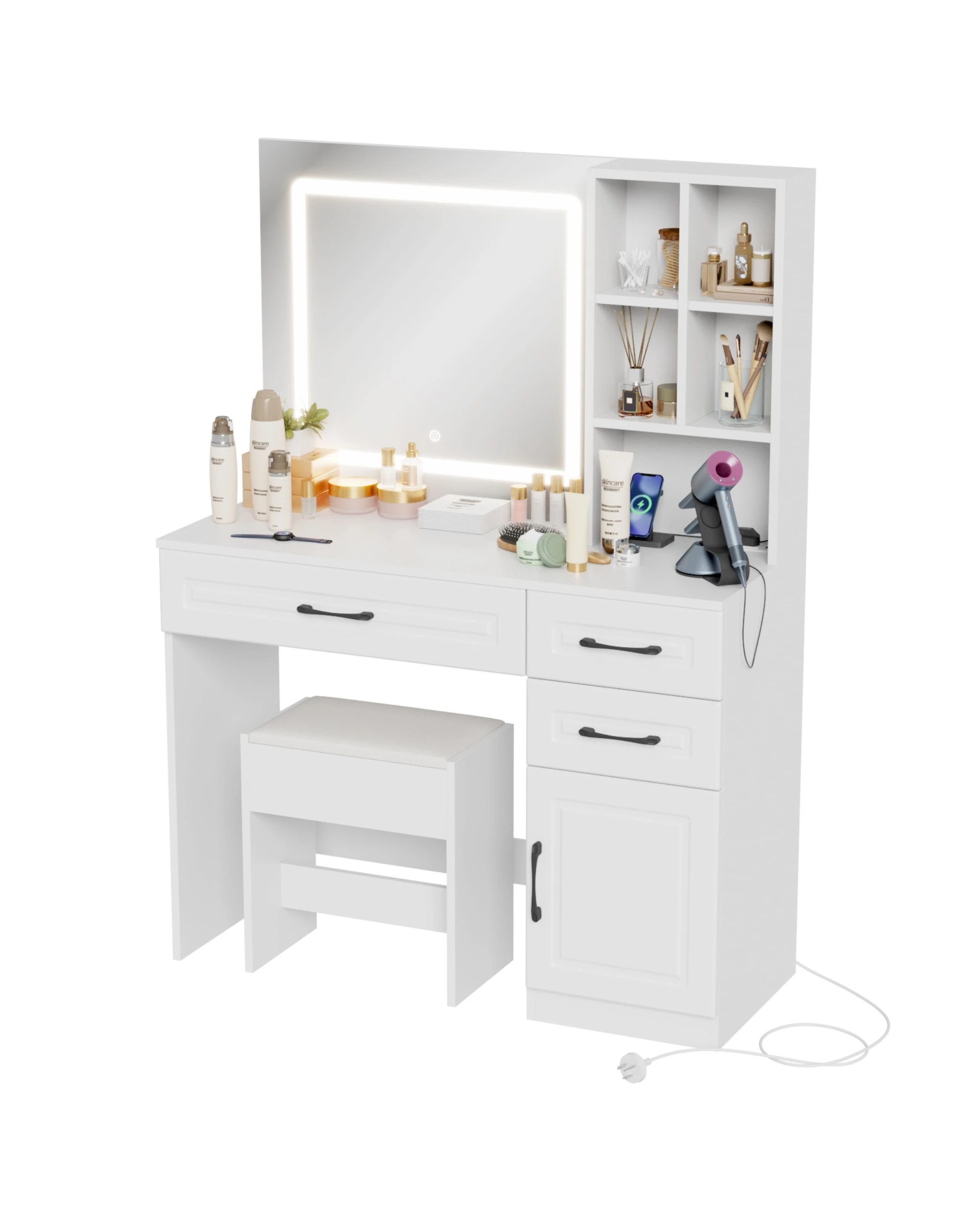 4 Advwin Dressing Table Stool Set Charging Station Led Mirror, 4 of 10
