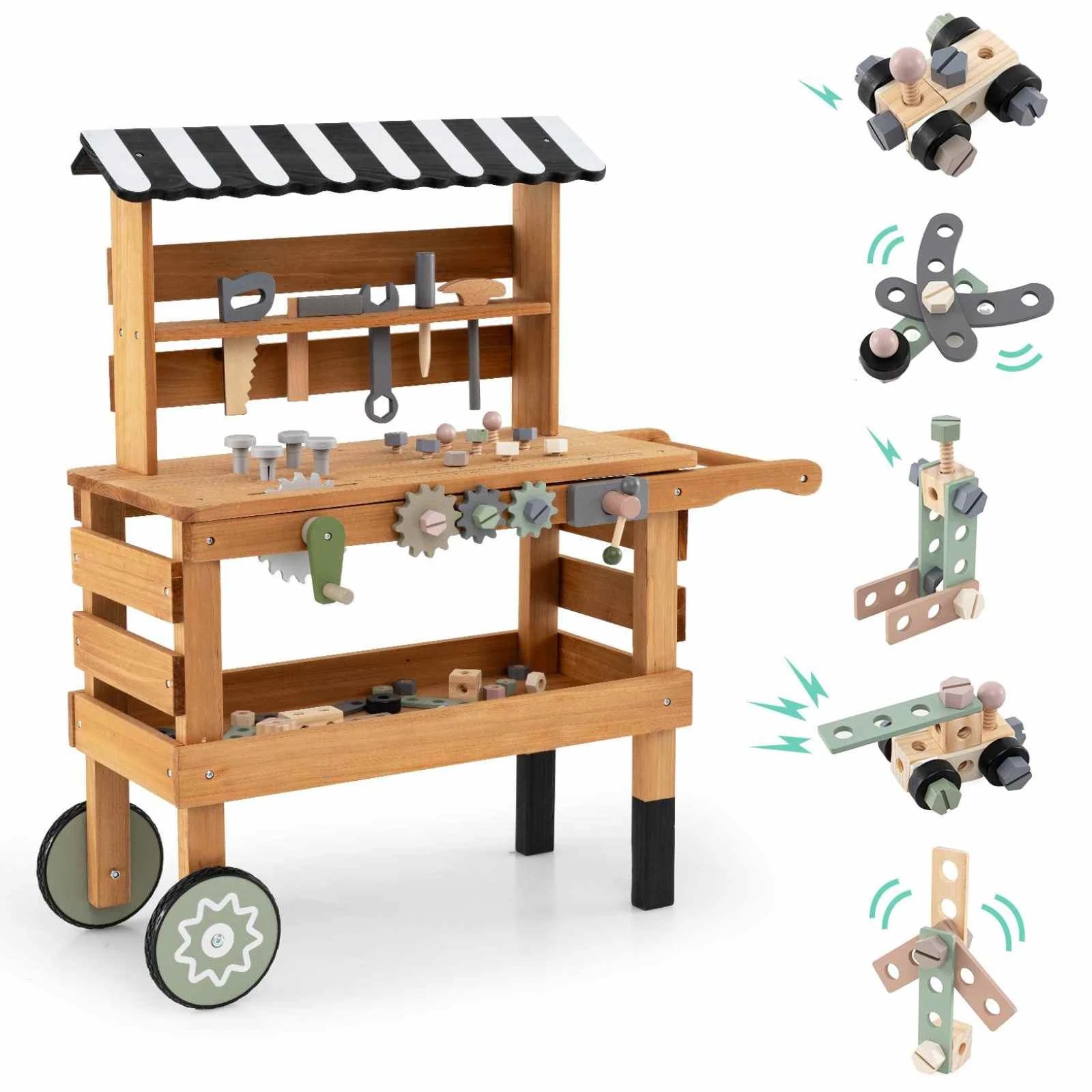 1 Costway 2in1 Wooden Tool Bench Cart Play Workbench - Brown, 1 of 1