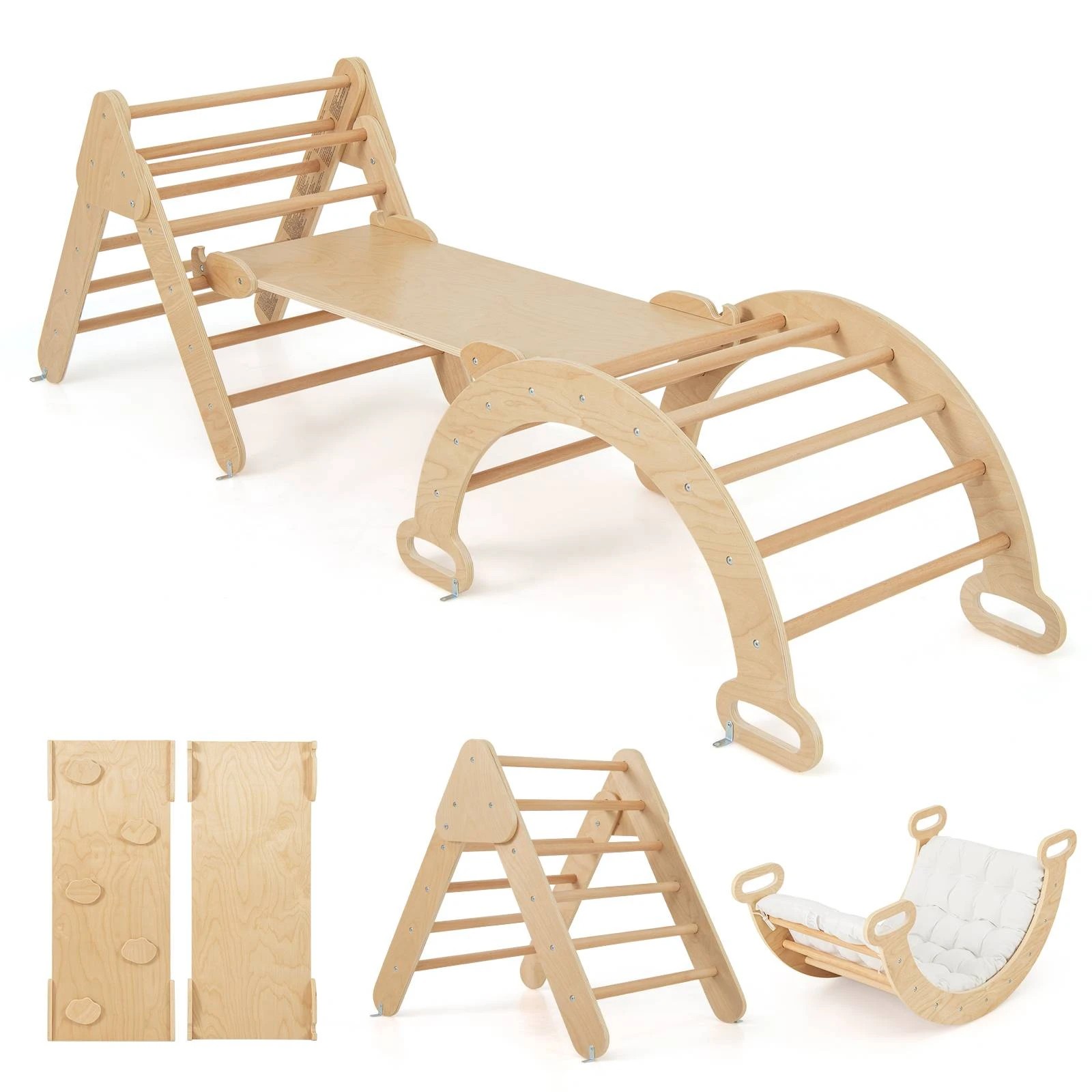 1 Costway Climb Playset 8-in-1 Wood Climbing Triangle Frame Arch - Natural, 1 of 1