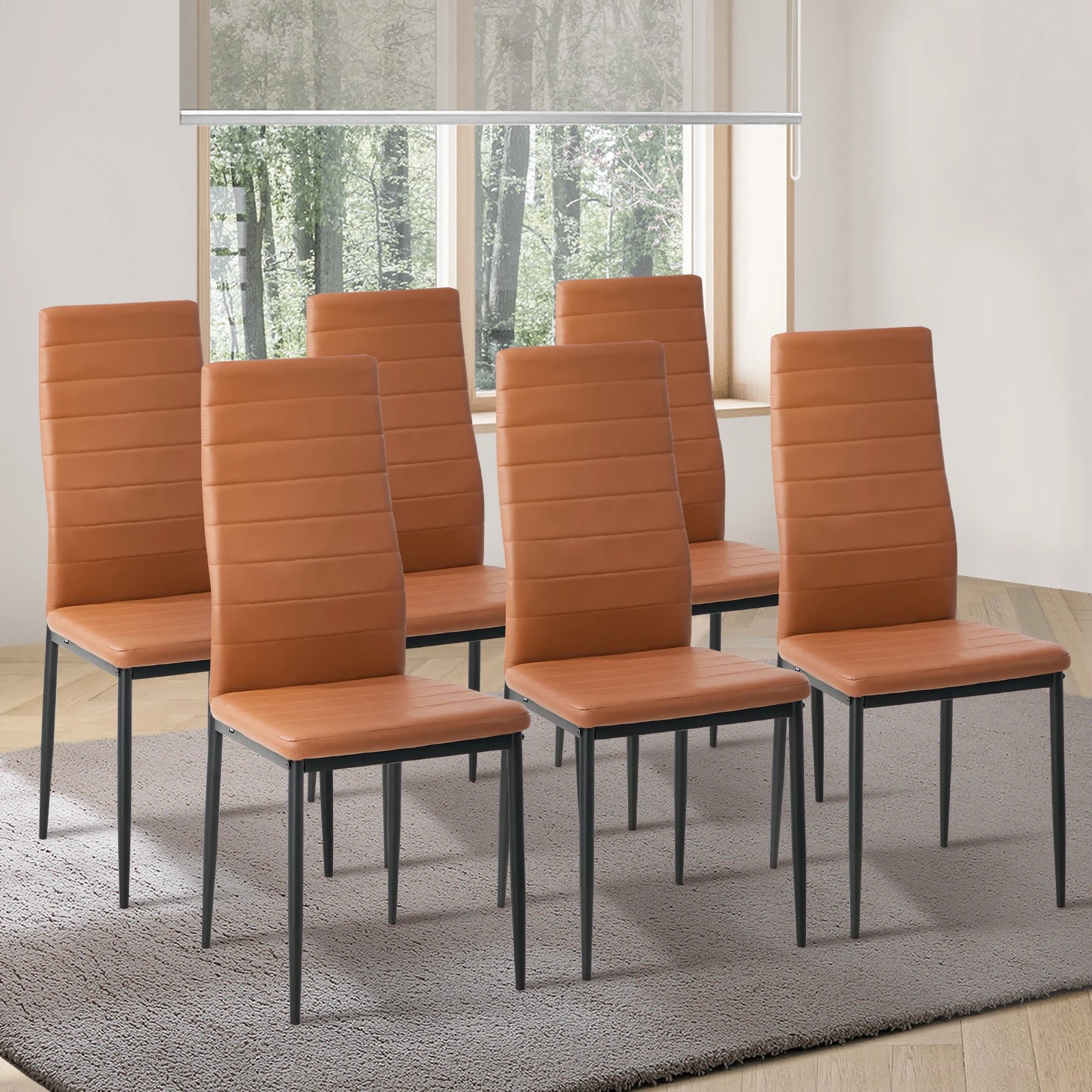 3 Oikiture 6PCS Dining Chairs High-Back Kitchen Chair Padded Faux Leather- Brown, 3 of 10