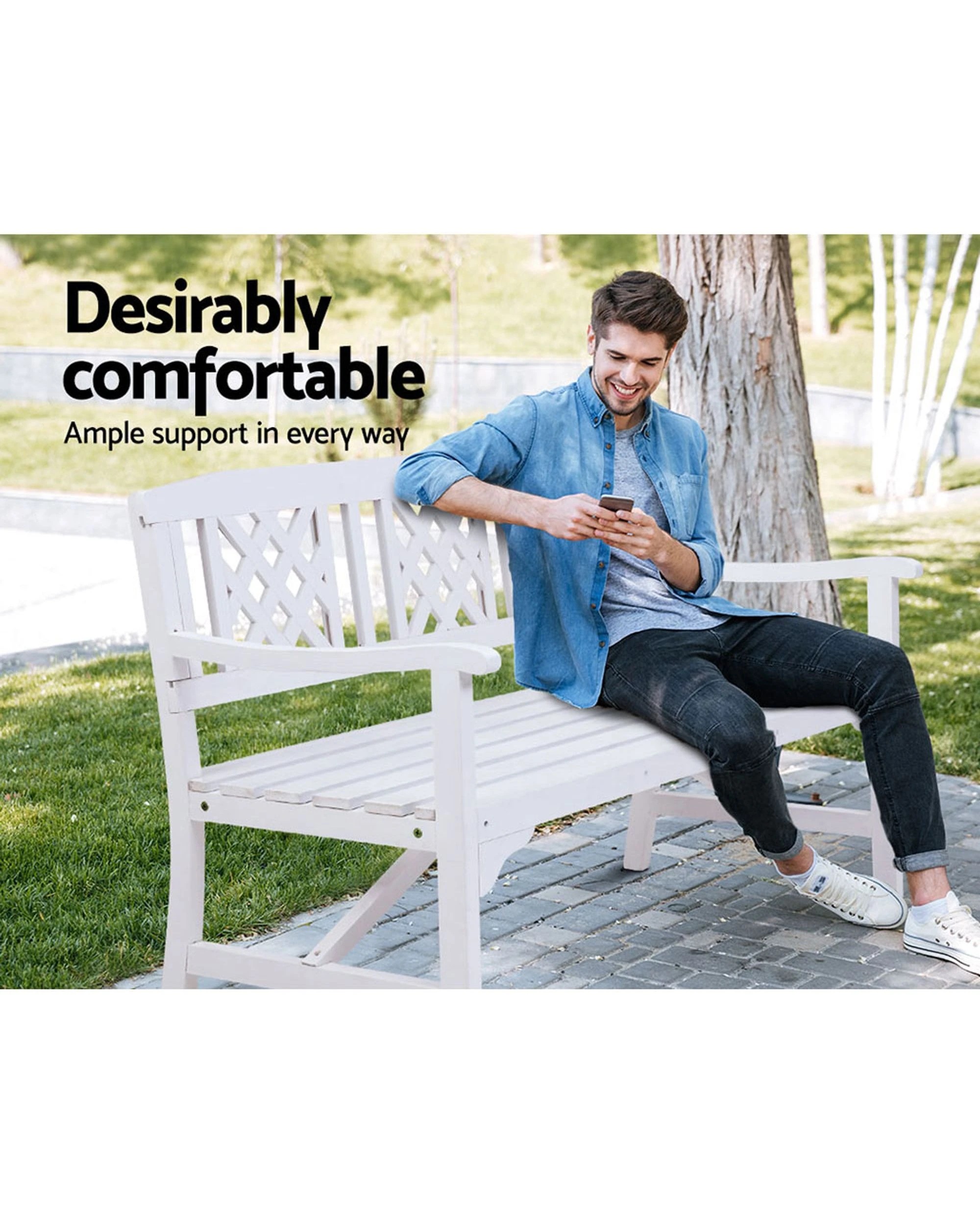 2 Gardeon Outdoor Garden Bench Wooden Chair 3 Seat Patio Furniture Lounge - White, 2 of 8