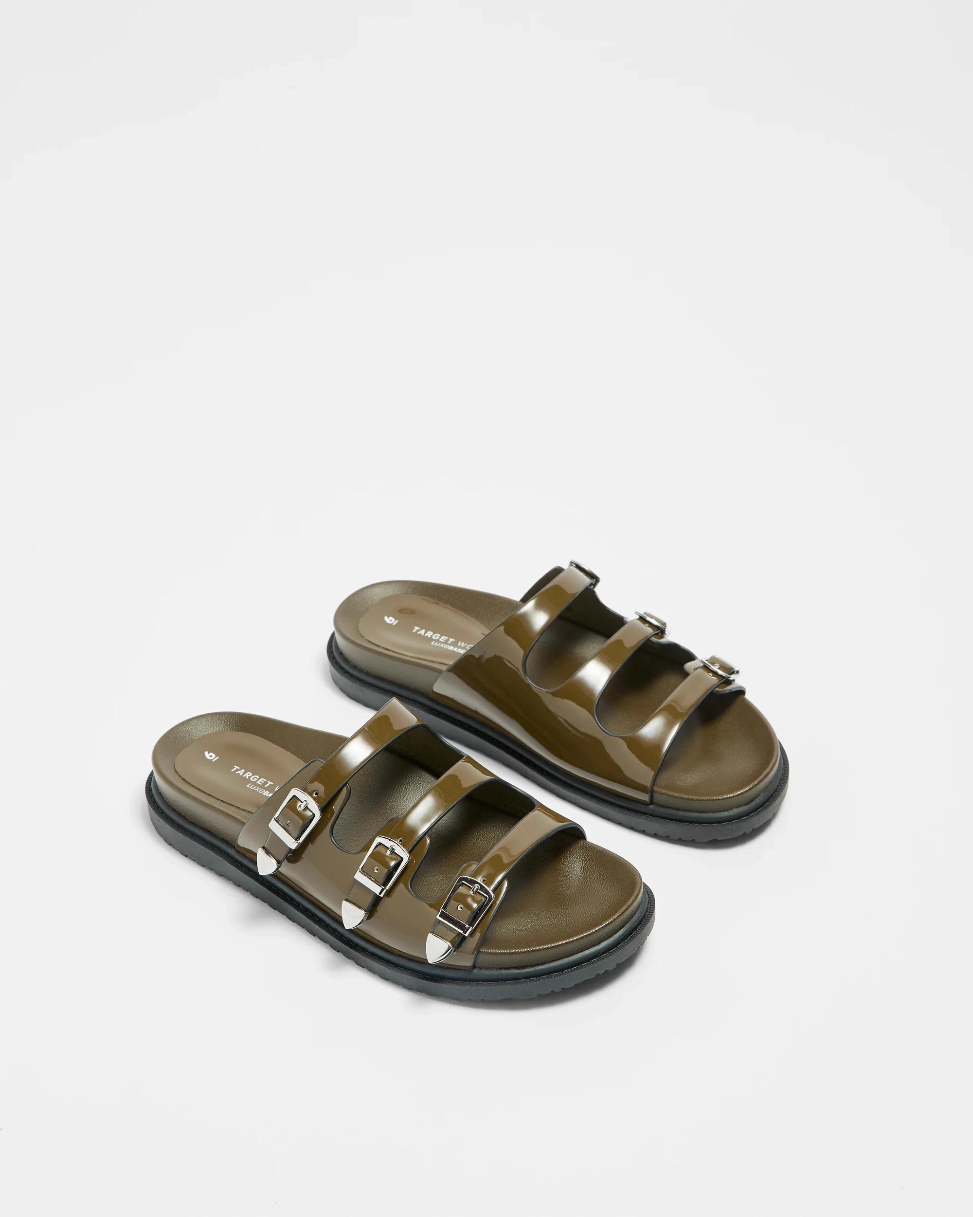 3 Target Womens Triple Strap Flat Sandal - Cyprus BROWN KHAKI PATENT, 3 of 3