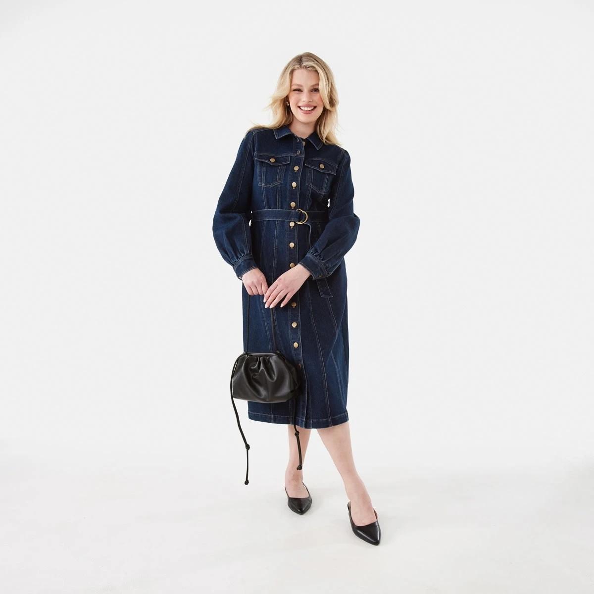 9 Long Sleeve Belted Denim Midi Dress Indigo, 9 of 10