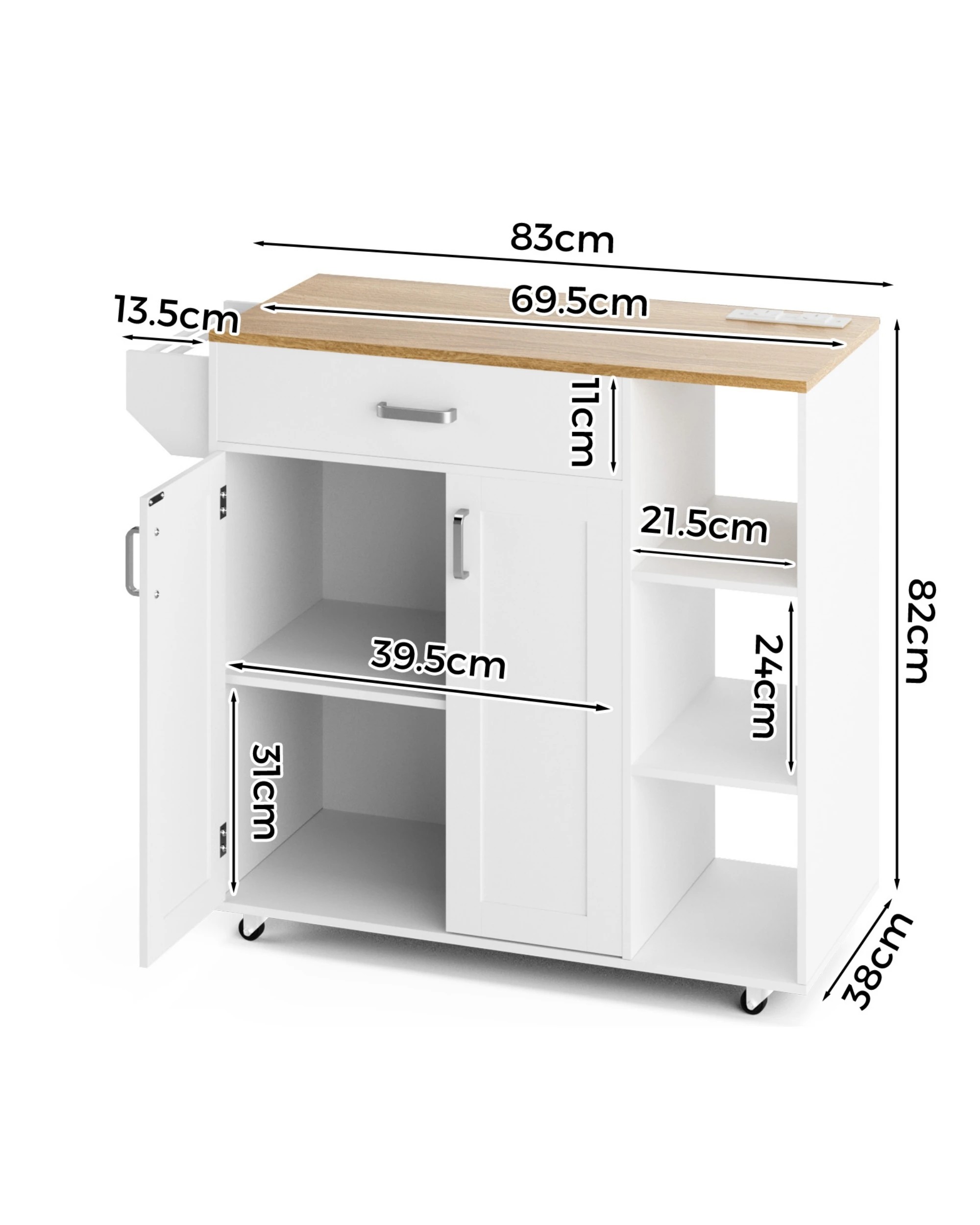 2 Advwin Kitchen Island Cart Rolling Trolley Cabinet on Wheels with Charging Station Adjustable Shelves Spice Rack - White, 2 of 8