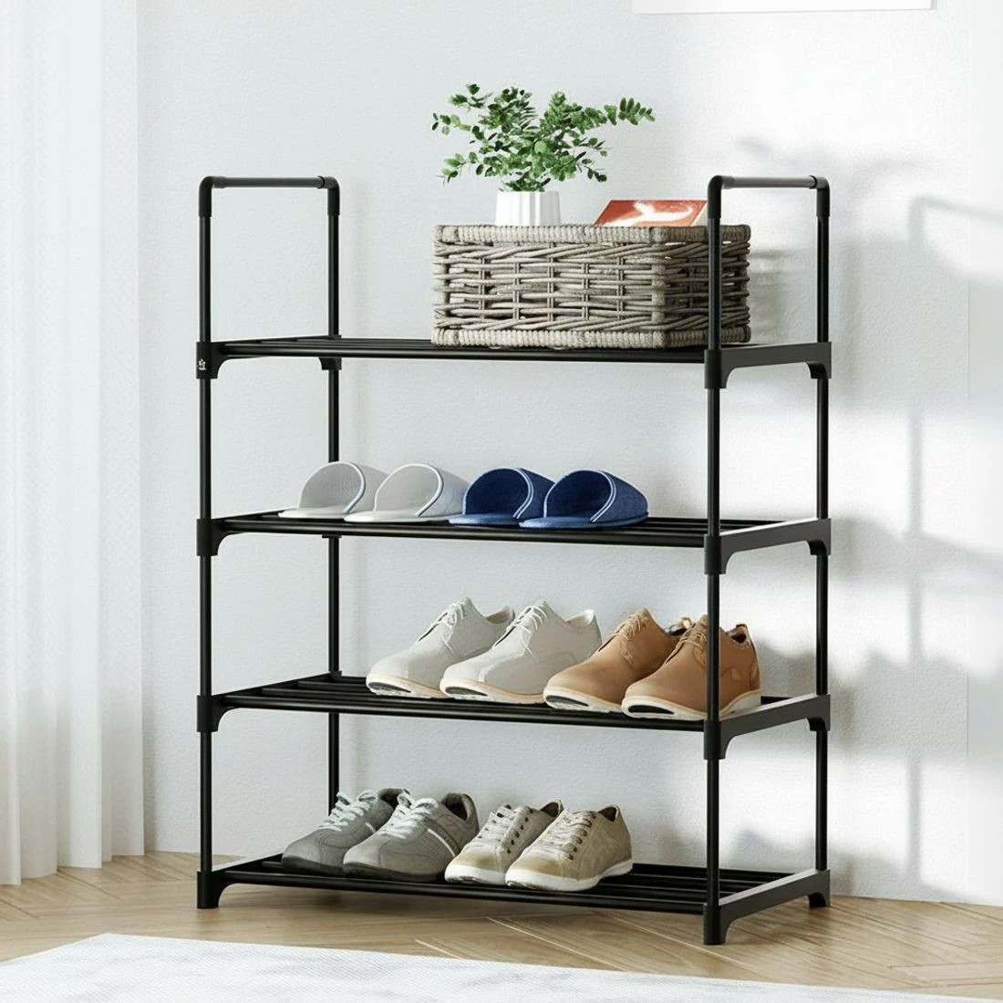 1 Artiss Shoe Rack Cabinet Stackable 4-Tier 12 Pairs Entryway Storage Organizer Easy Clean Sturdy Space Saving - Black, 1 of 8