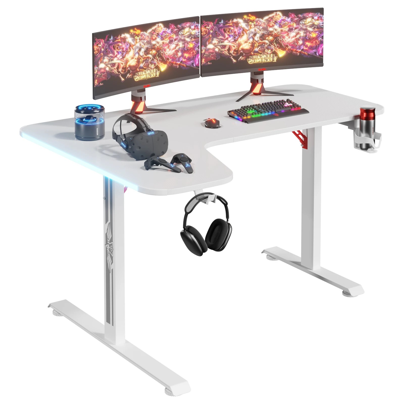 2 Advwin 140cm L Shaped Computer Gaming Desk With Rgb Led Light White, 2 of 5