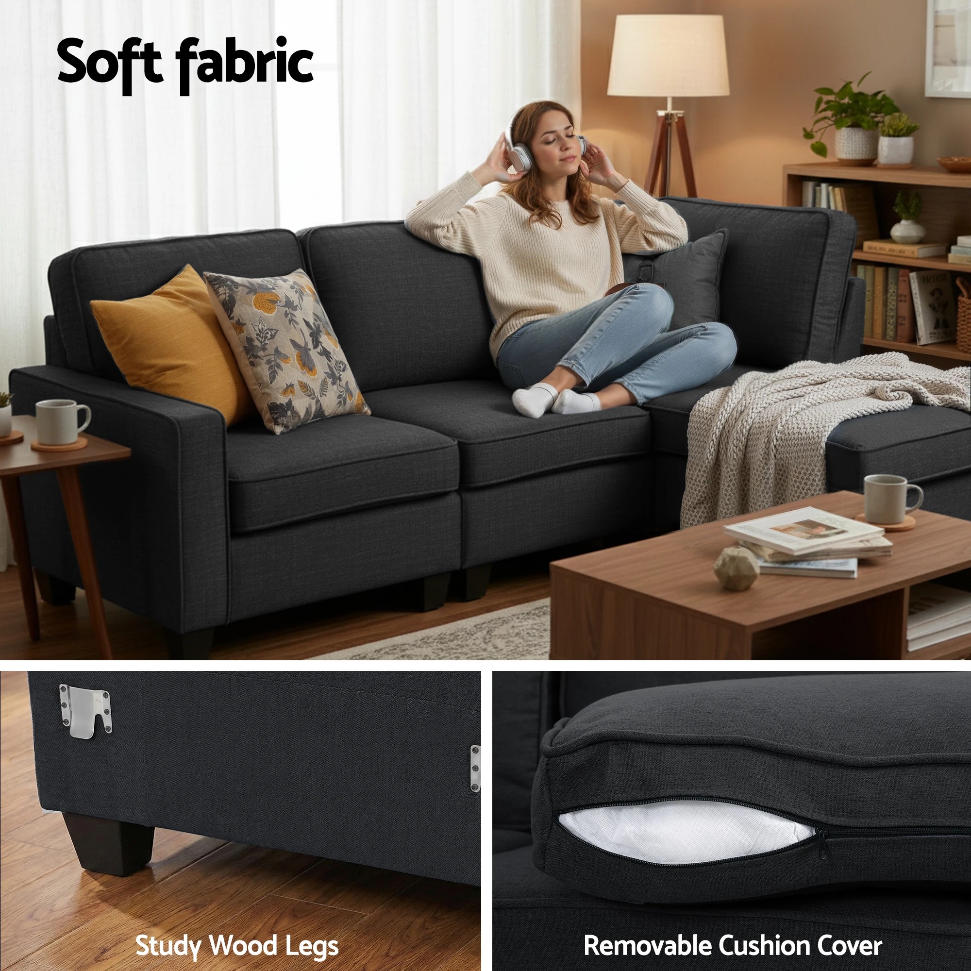 4 Artiss Modular Sofa Chaise Set 4-seater Dark - Grey, 4 of 6