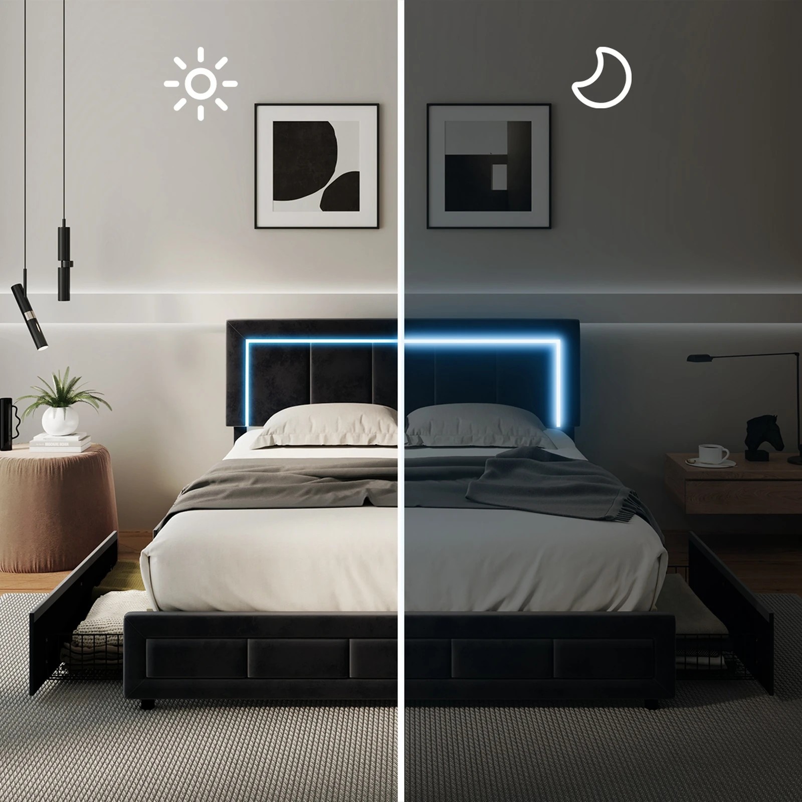 3 Oikiture LED Double Bed Frame With 4 Storage Drawers & Charging Station - Black, 3 of 9