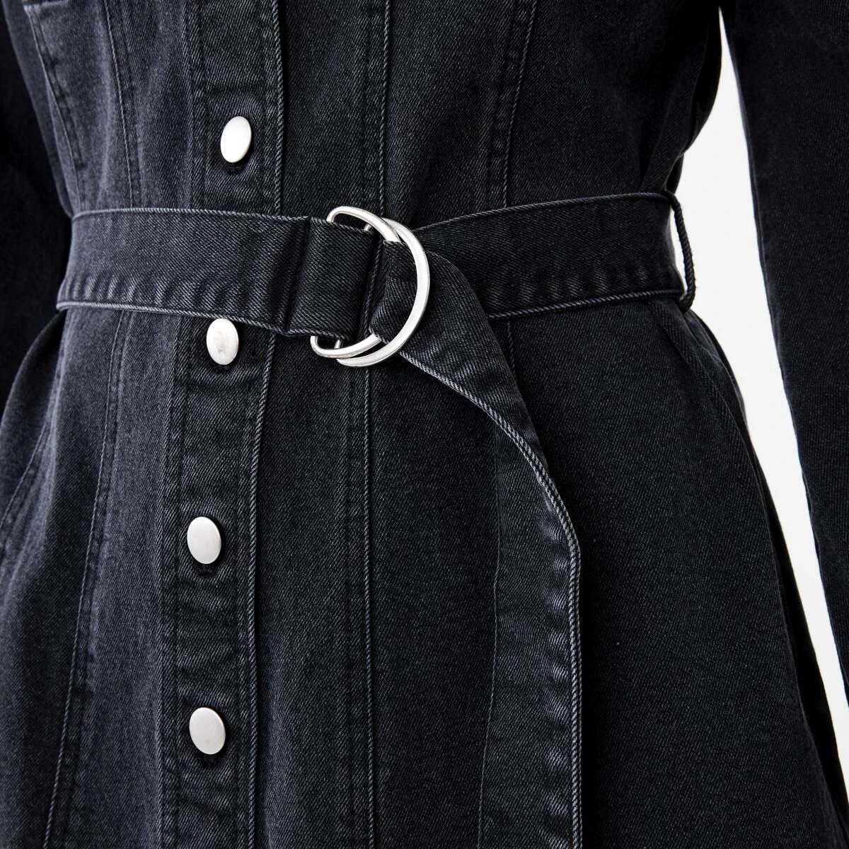 7 Long Sleeve Belted Denim Mini Dress Black Wash, 7 of 9