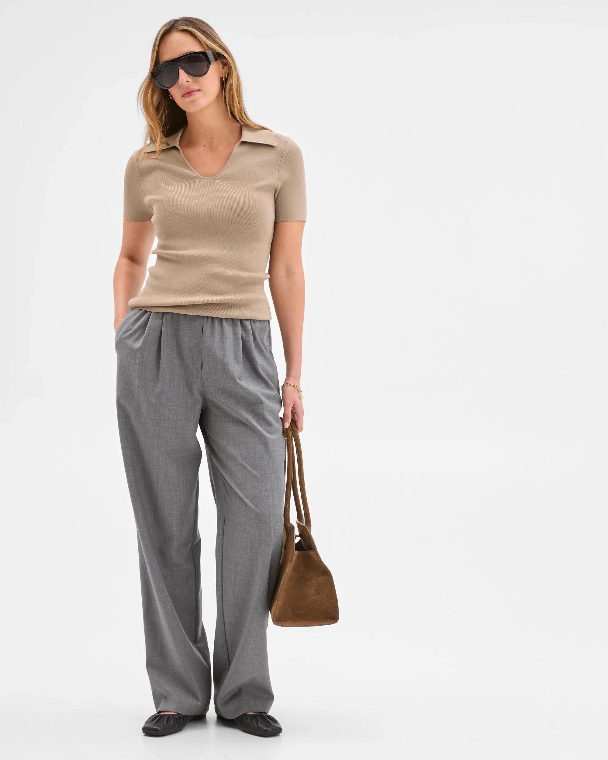 1 Preview Wool Blend Elastic Waist Wide Leg Pants GREY, 1 of 6