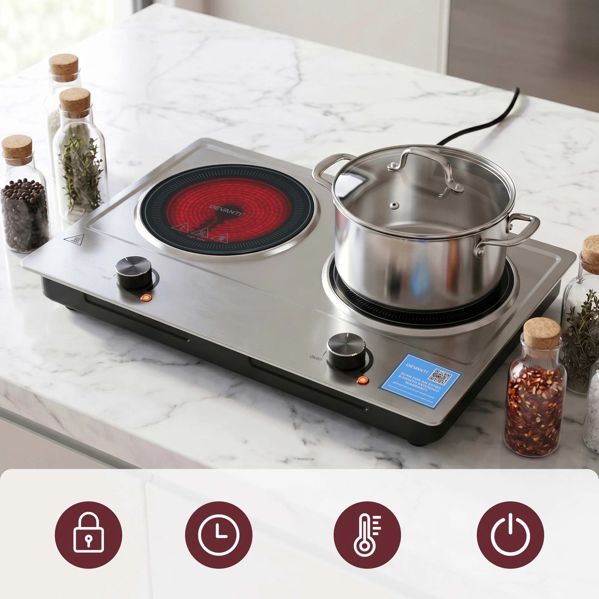 5 Devanti Electric Ceramic Cooktop 2400W Knob Control Hot Plate - Silver, 5 of 9