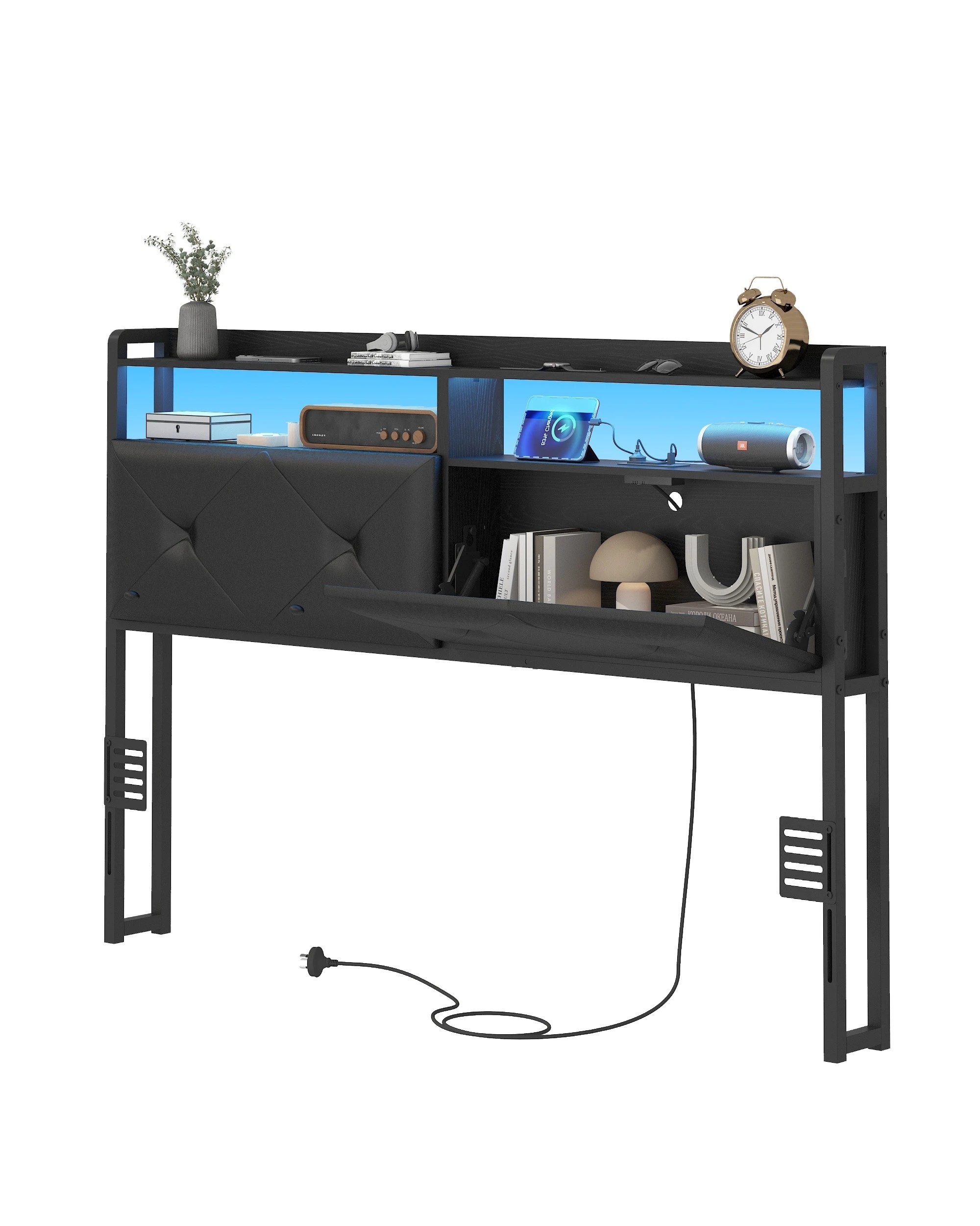 5 Advwin Double Size Headboard with LED Light Charging Station Hidden Storage PU Upholstered - Black, 5 of 8