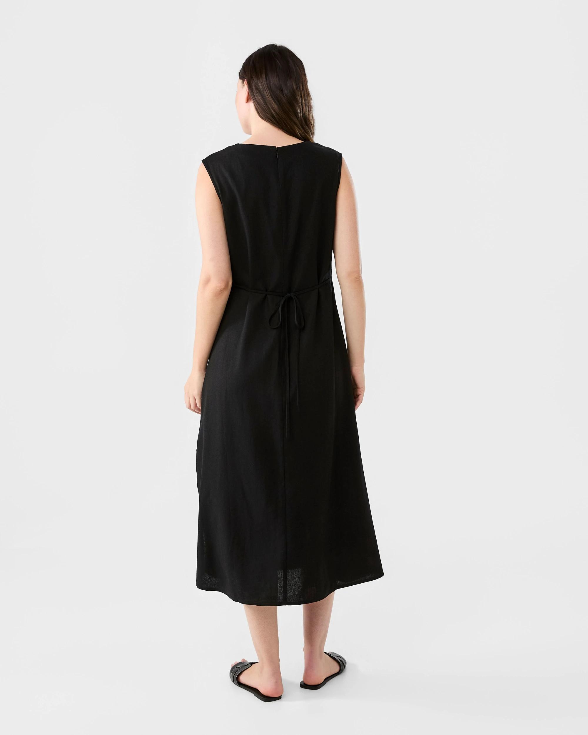 3 Sleeveless Linen Blend Crew Tie Back Midi Dress Black, 3 of 6
