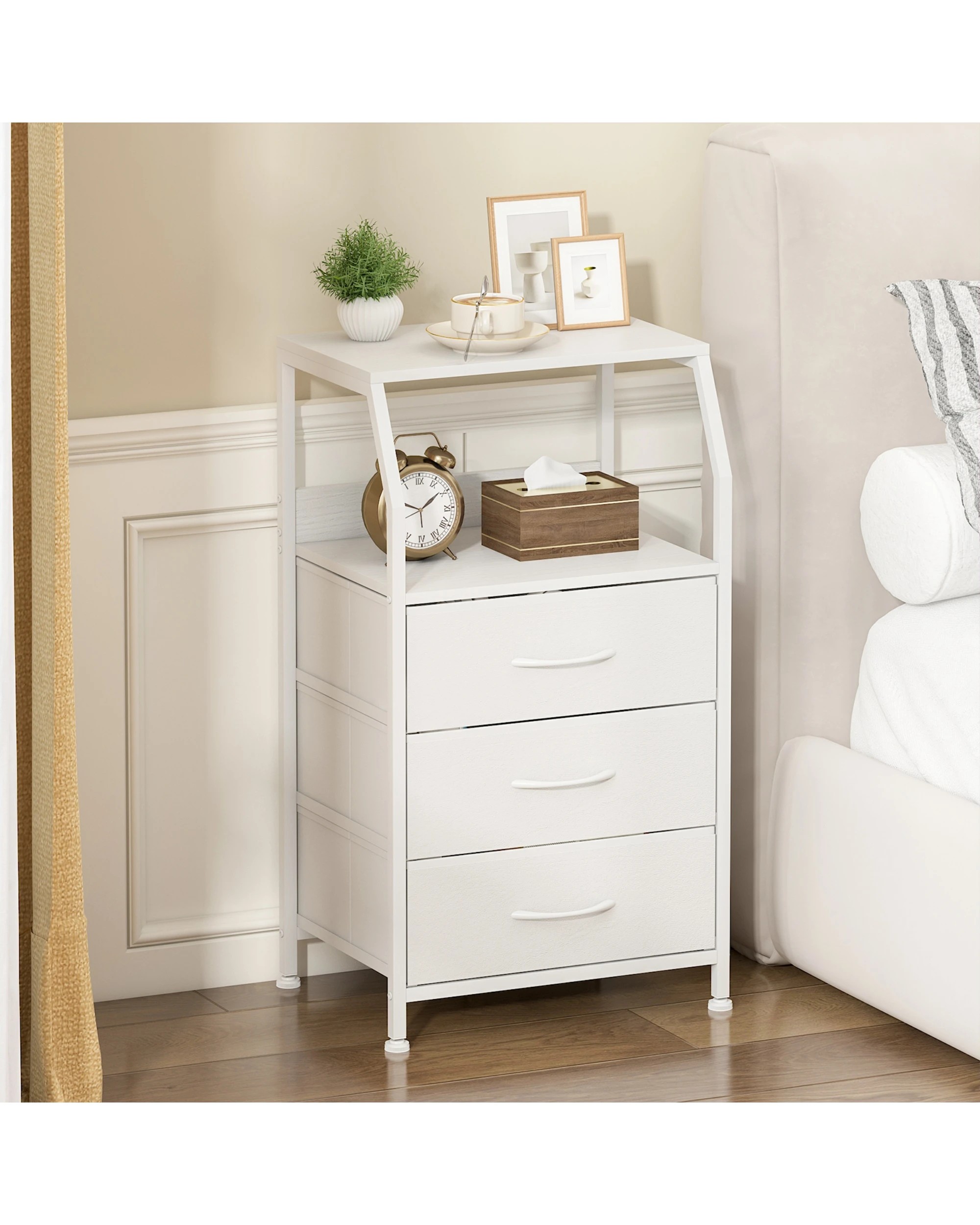 5 Advwin Set of 2 Bedside Table with 3 Fabric Drawers Storage Shelf - White, 5 of 7