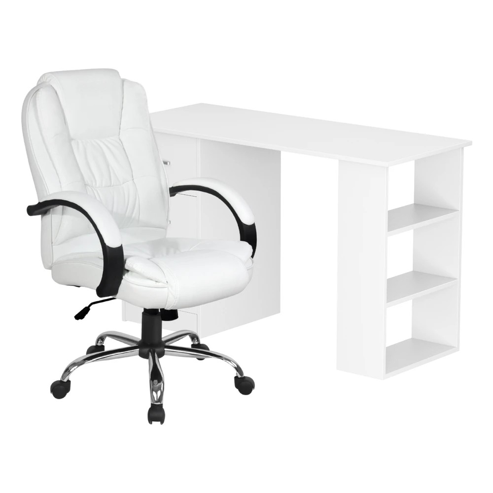 1 Artiss Computer Desk 120cm Executive Office Chair Set PU Leather High Back - White, 1 of 6