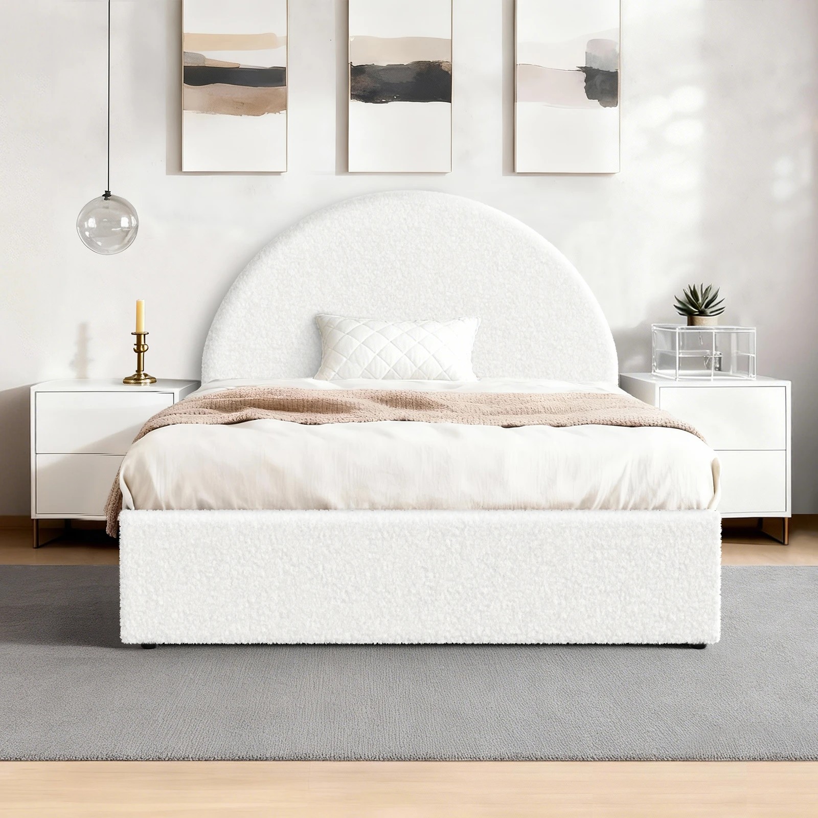 3 Alfordson Bed Frame Single Size Arched Base Gas Lift Storage Boucle Hoult - White, 3 of 10