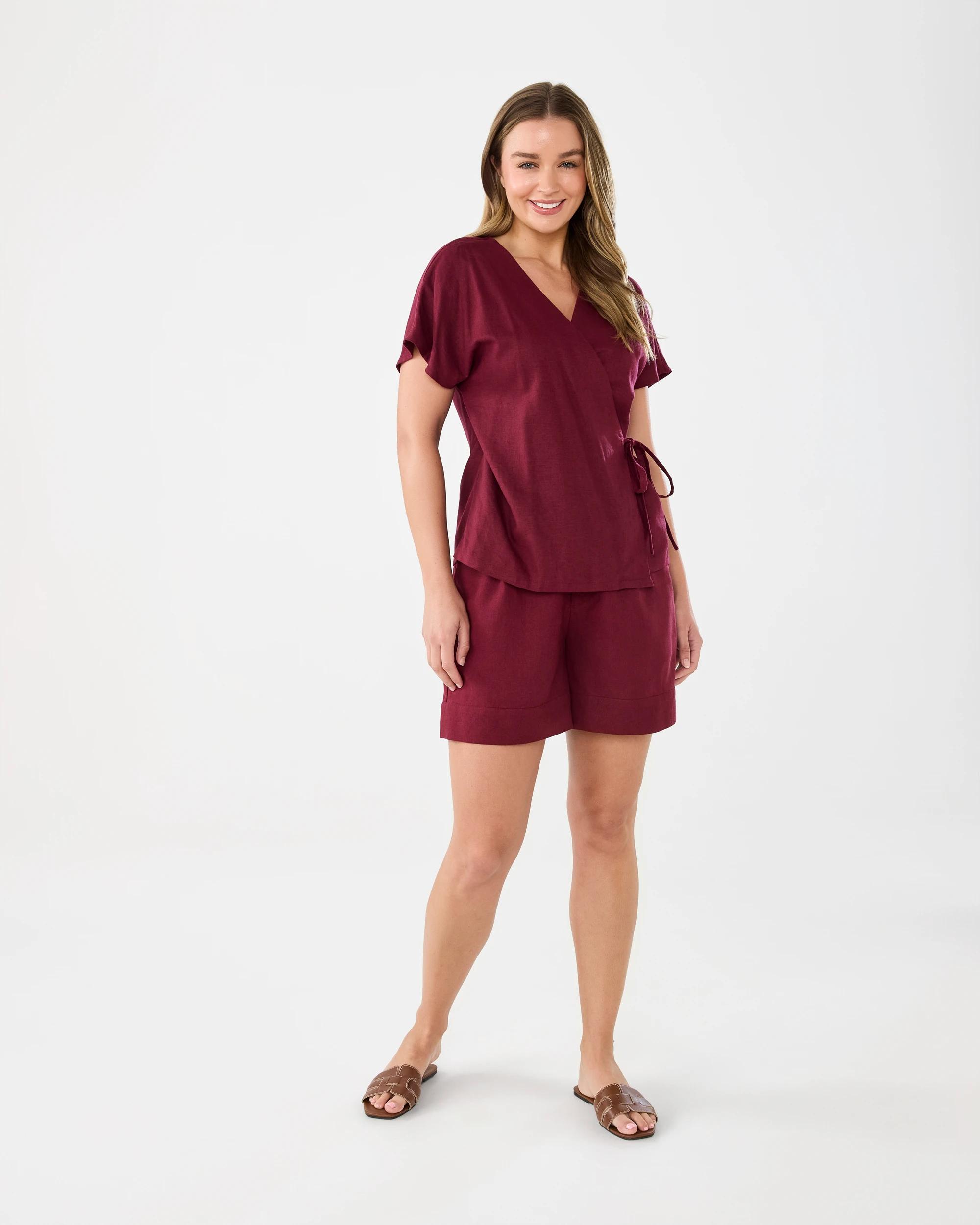 8 Short Sleeve Linen Blend Wrap Top Cran Juice, 8 of 8