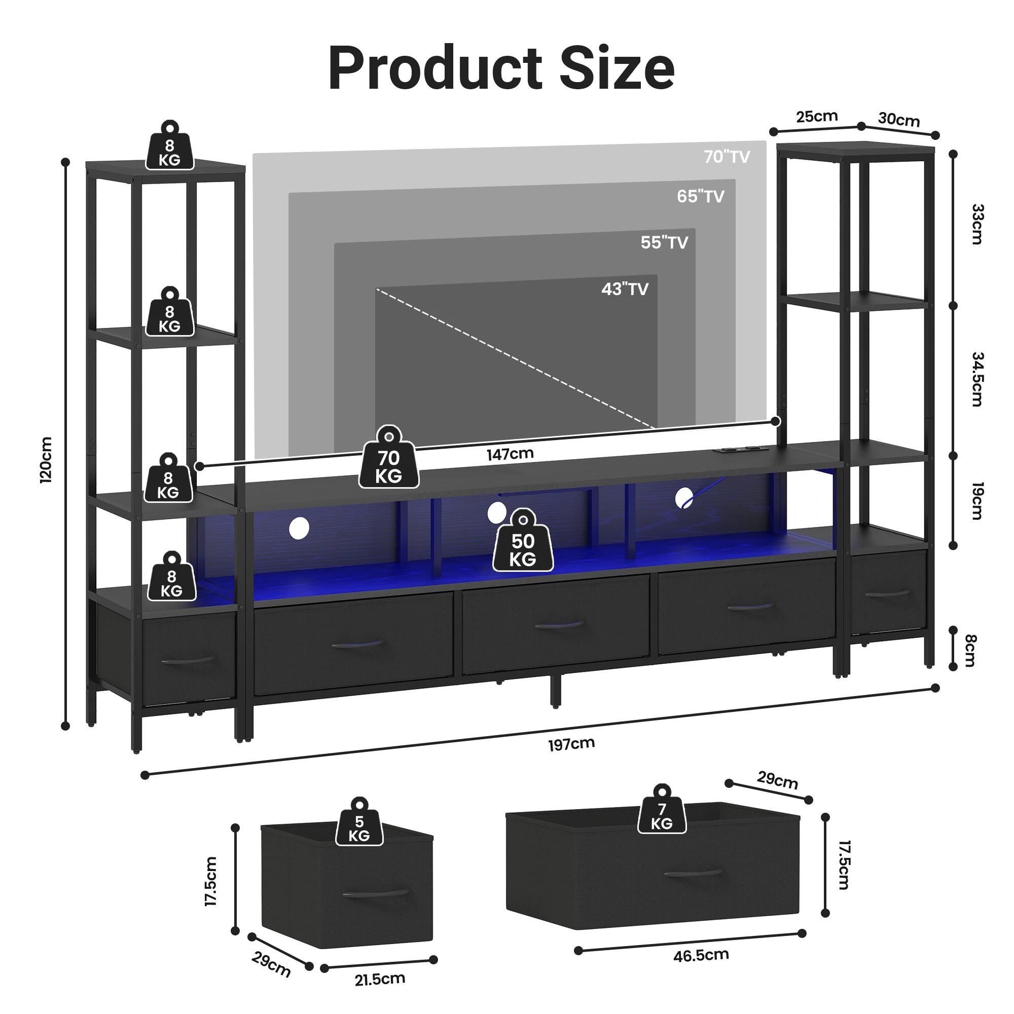 2 Advwin 197cm TV Stand with Bookshelf Entertainment Center with Power Outlet & LED Lights - Black, 2 of 7