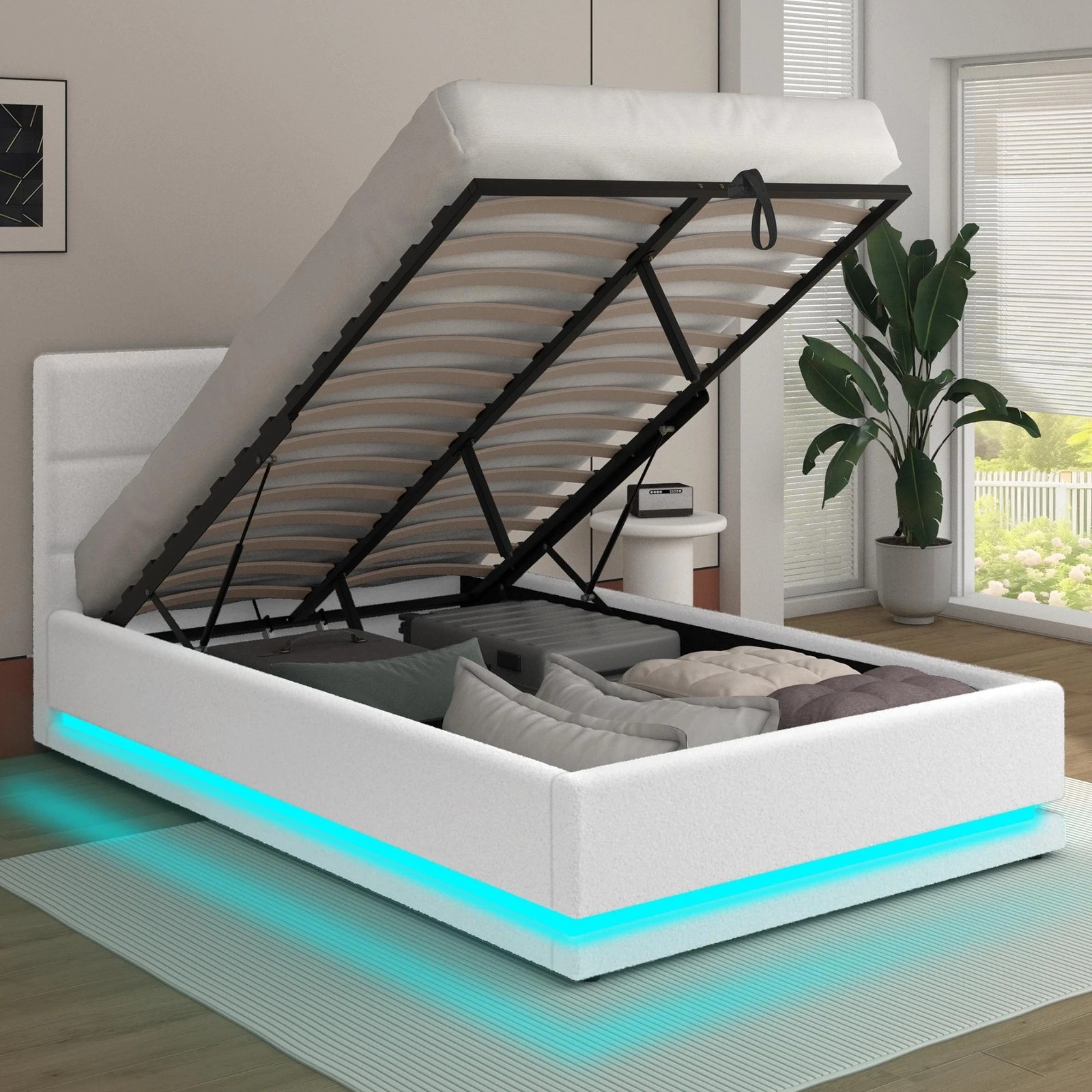4 Alfordson Bed Frame Single Size Platform RGB LED Gas Lift Base Storage Boucle - White, 4 of 10