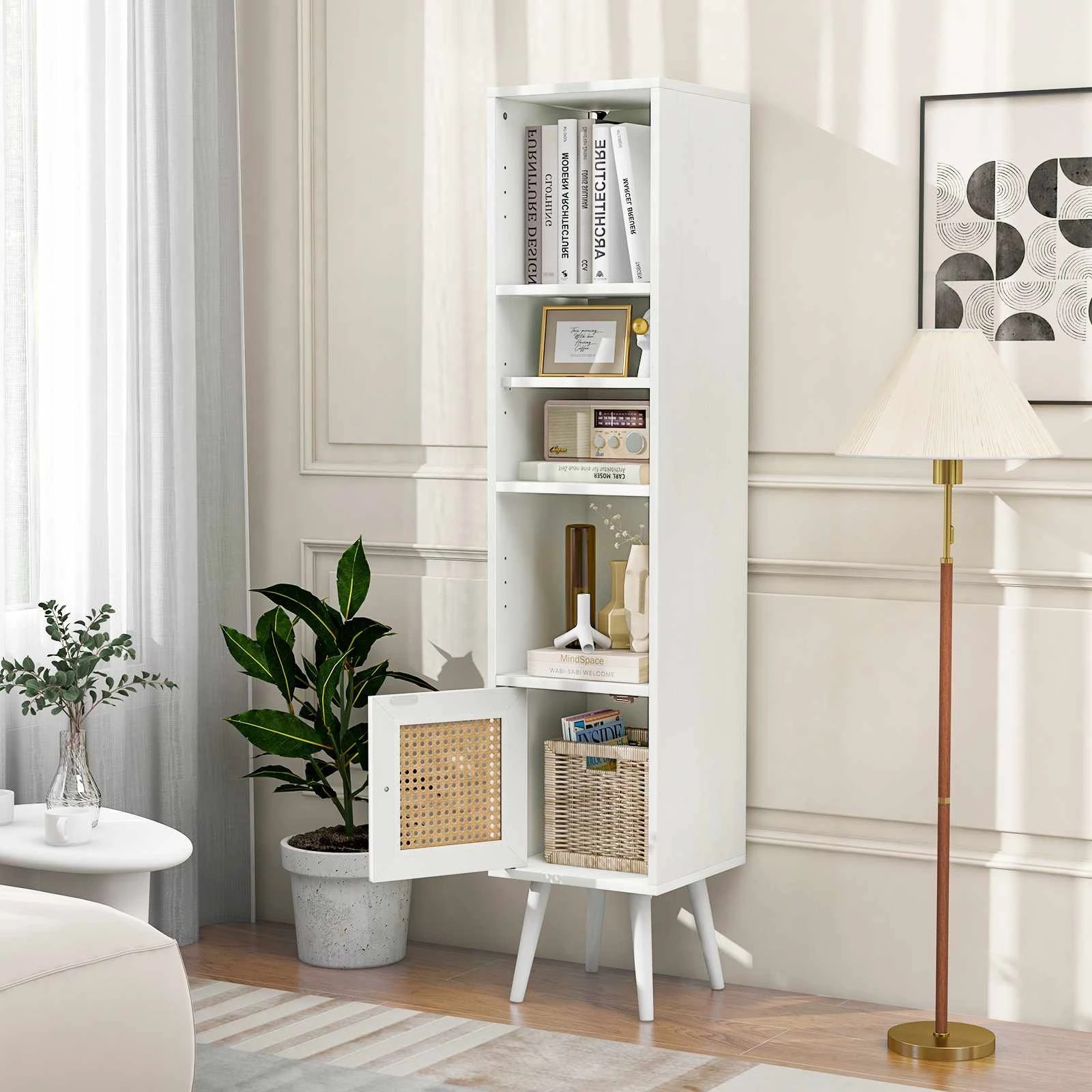 4 Costway Slim Rattan Bookshelf Storage Cabinet Bookshelf w/Adjustable Shelf Display Cupboard - White, 4 of 4