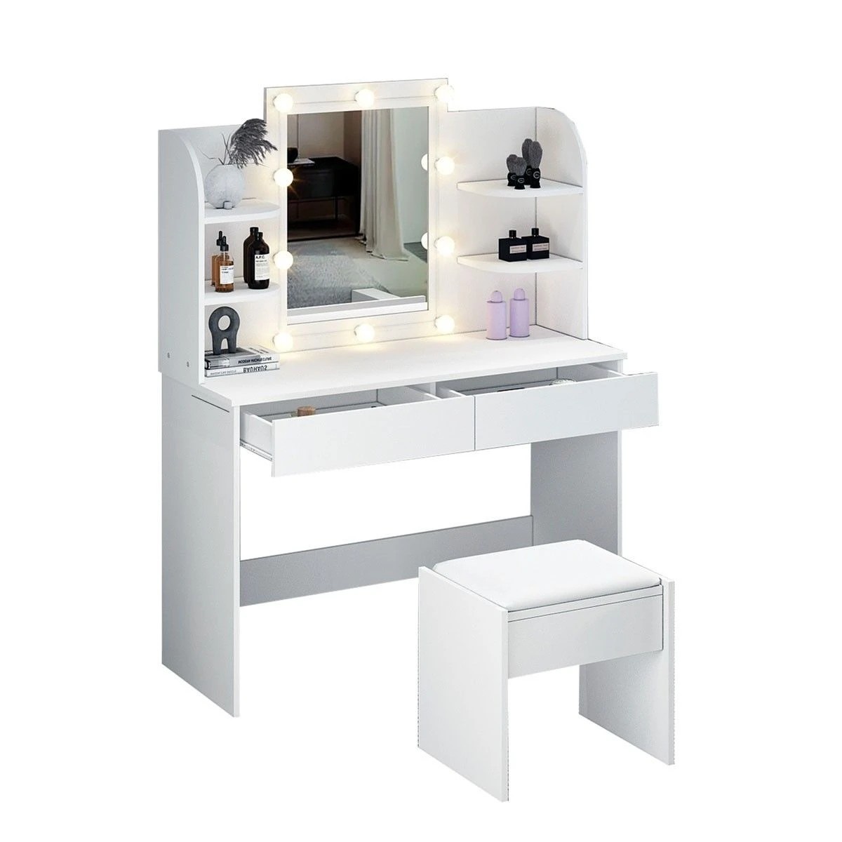 7 Ausway Dressing Table Makeup Vanity Stool Set with Drawers and Lighted Mirror, 7 of 8
