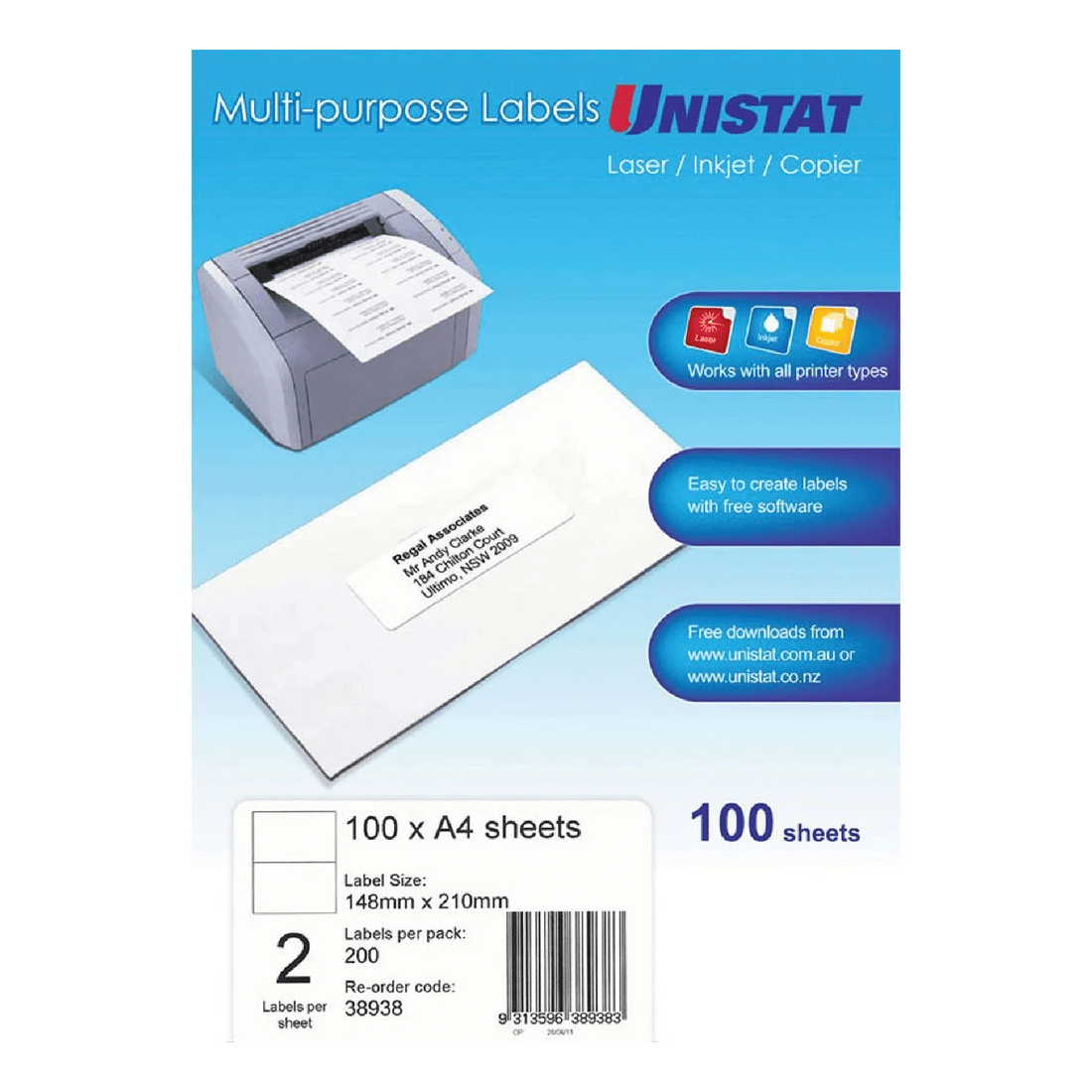 1 Unistat 2UP Inkjet Laser Labels 100 Sheets, 1 of 1