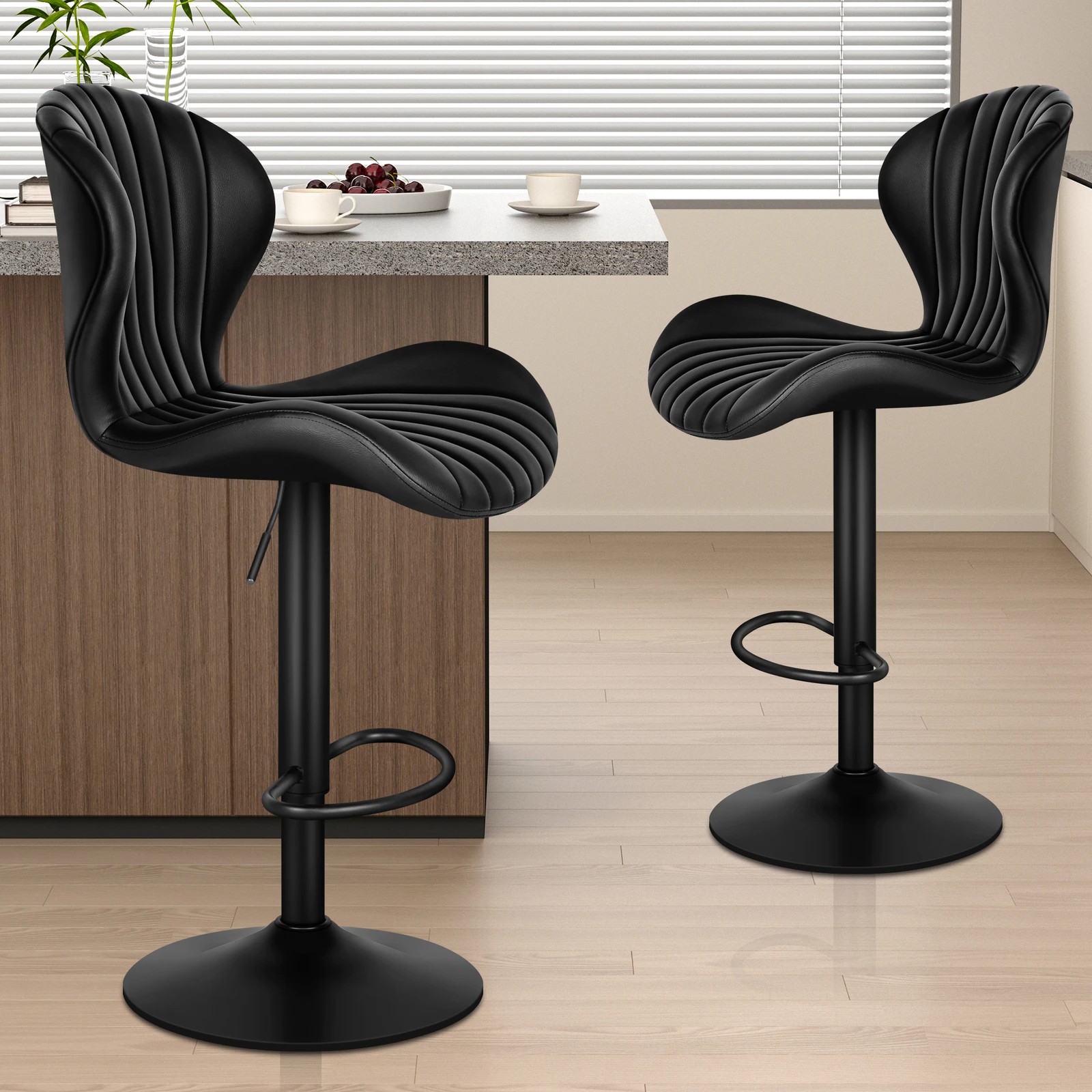 9 Alfordson 2x Bar Stools Gas Lift Leather Bar Chairs Kitchen Swivel Stella - Black, 9 of 10