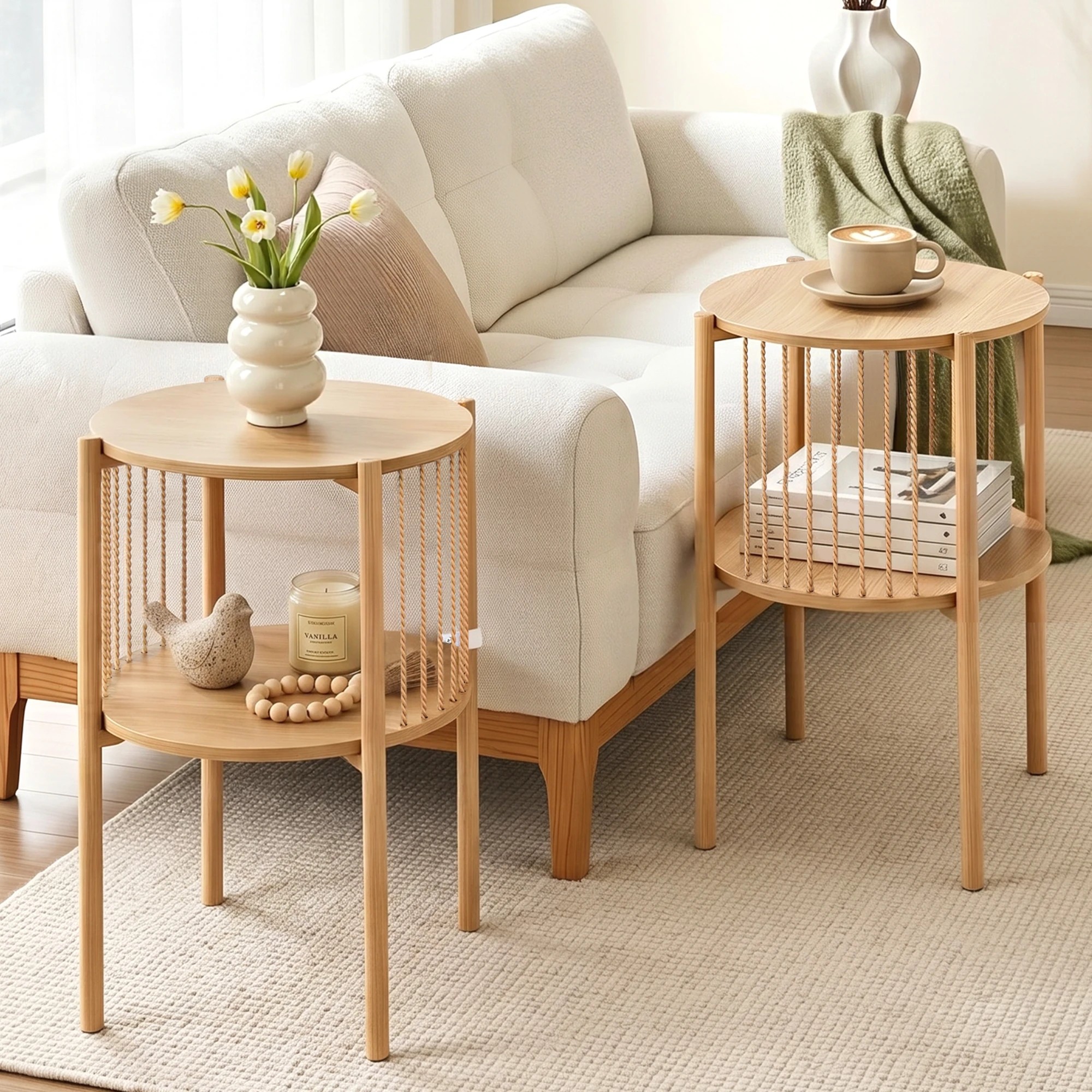 8 Artiss End Tables 2Pcs Coffee Table Boho Bedside Nightstand 2-Tier Round Wood - Natural, 8 of 8